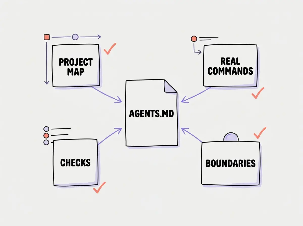 EXPLAINER DIAGRAM: A central sheet labeled AGENTS.MD with four surrounding cards labeled PROJECT MAP, REAL COMMANDS, BOUNDARIES, and CHECKS. Thin violet arrows connect the cards to the sheet. Small coral checkmarks and generous whitespace.