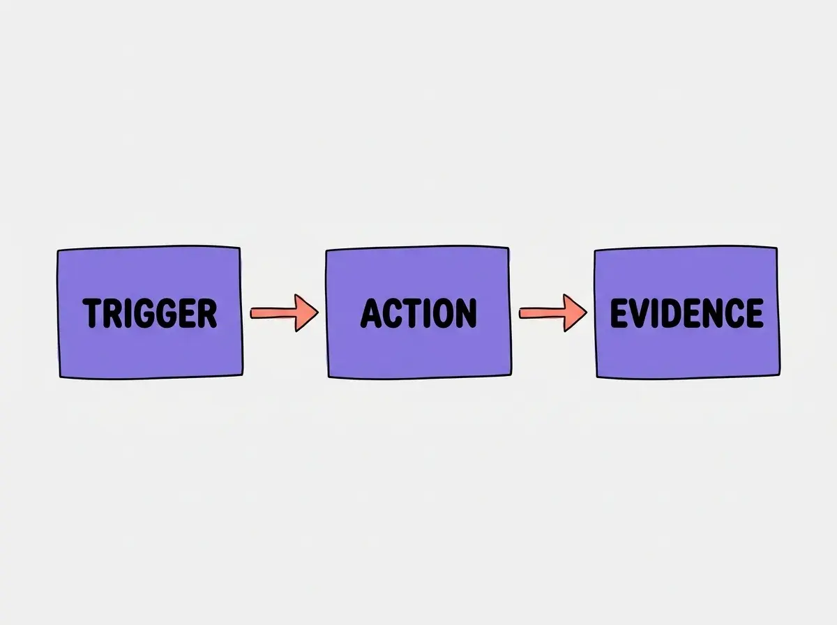 Three linked boxes. Exact labels only TRIGGER, ACTION, EVIDENCE. No other text. Purple boxes and coral arrows.