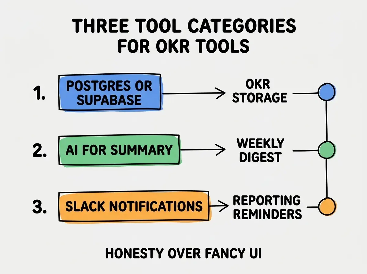 EXPLAINER DIAGRAM titled THREE TOOL CATEGORIES FOR OKR TOOLS shown as a vertical numbered list on a slate background. Three rows. Row 1 blue badge POSTGRES OR SUPABASE sublabel OKR STORAGE. Row 2 green badge AI FOR SUMMARY sublabel WEEKLY DIGEST. Row 3 orange badge SLACK NOTIFICATIONS sublabel REPORTING REMINDERS. Footer reads HONESTY OVER FANCY UI. CRITICAL: each label appears only ONCE.