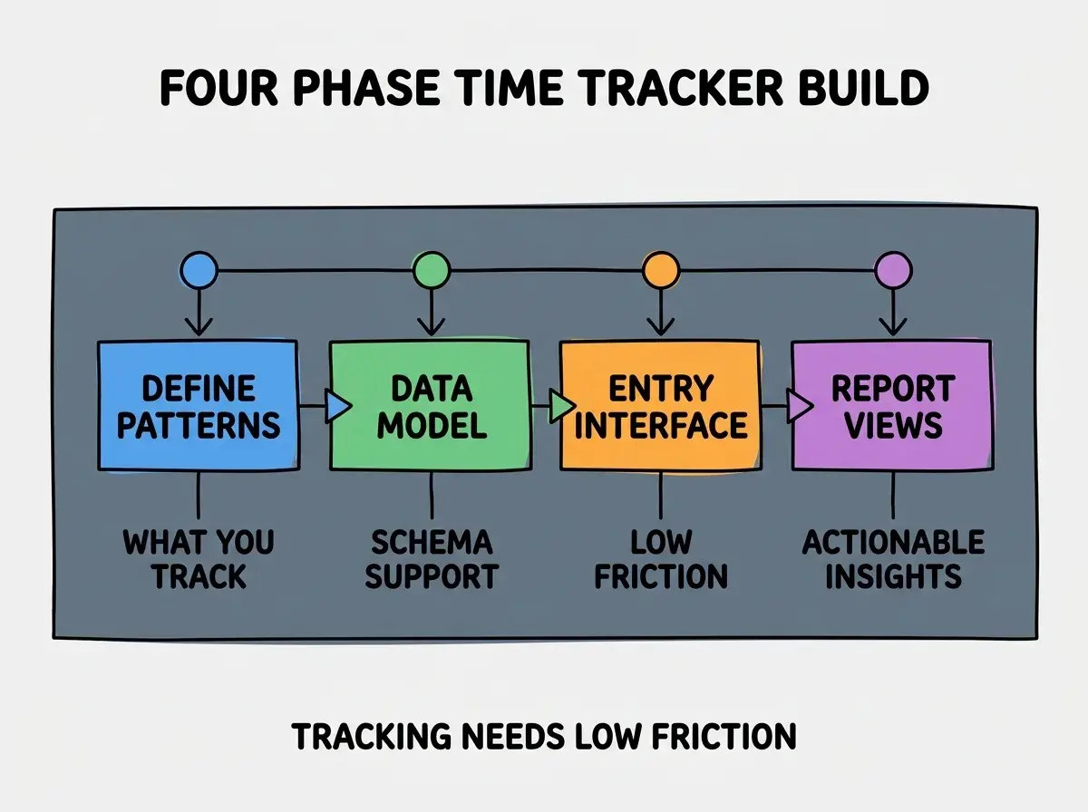 EXPLAINER DIAGRAM titled FOUR PHASE TIME TRACKER BUILD shown as a horizontal four-stage pipeline on a slate background. Stage 1 colored blue DEFINE PATTERNS sublabel WHAT YOU TRACK. Stage 2 colored green DATA MODEL sublabel SCHEMA SUPPORT. Stage 3 colored orange ENTRY INTERFACE sublabel LOW FRICTION. Stage 4 colored purple REPORT VIEWS sublabel ACTIONABLE INSIGHTS. Footer reads TRACKING NEEDS LOW FRICTION.