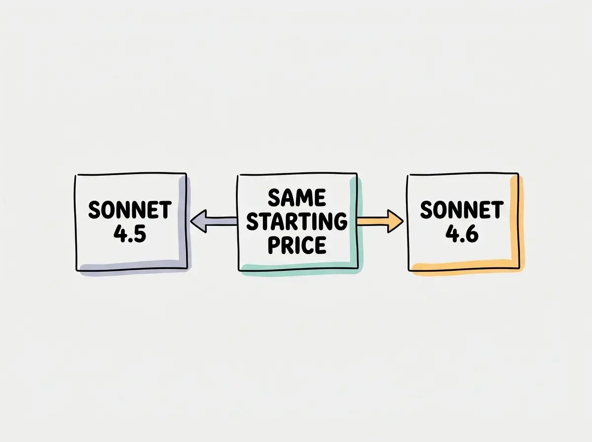 Simple conceptual diagram with separate boxes labeled SONNET 4.5, SAME STARTING PRICE, SONNET 4.6. Use exactly these labels and no other text. No statistics, numbers, code, or rankings.