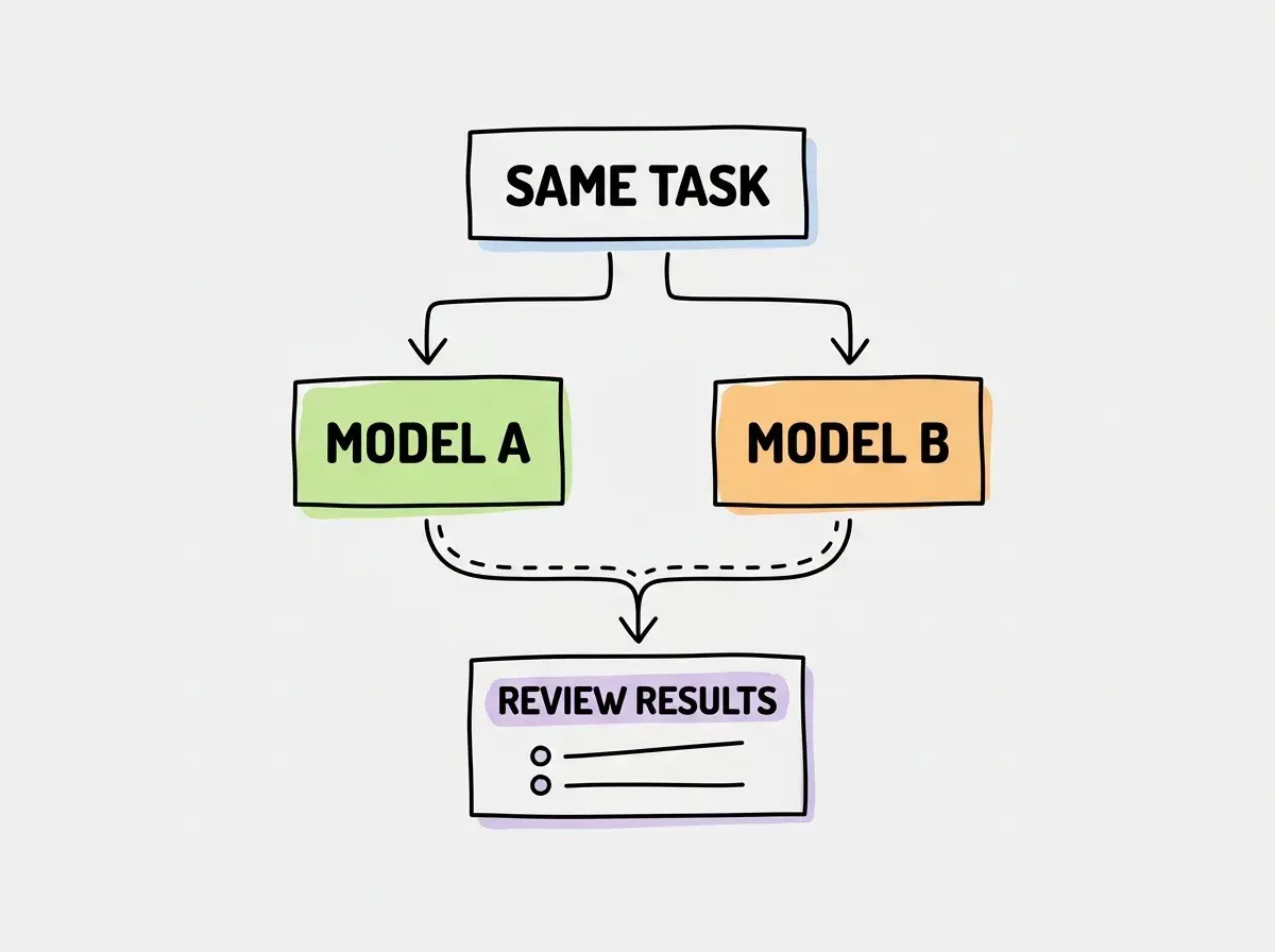 Simple conceptual diagram with separate boxes labeled SAME TASK, TWO MODELS, REVIEW RESULTS. Use exactly these labels and no other text. No statistics, numbers, code, or rankings.