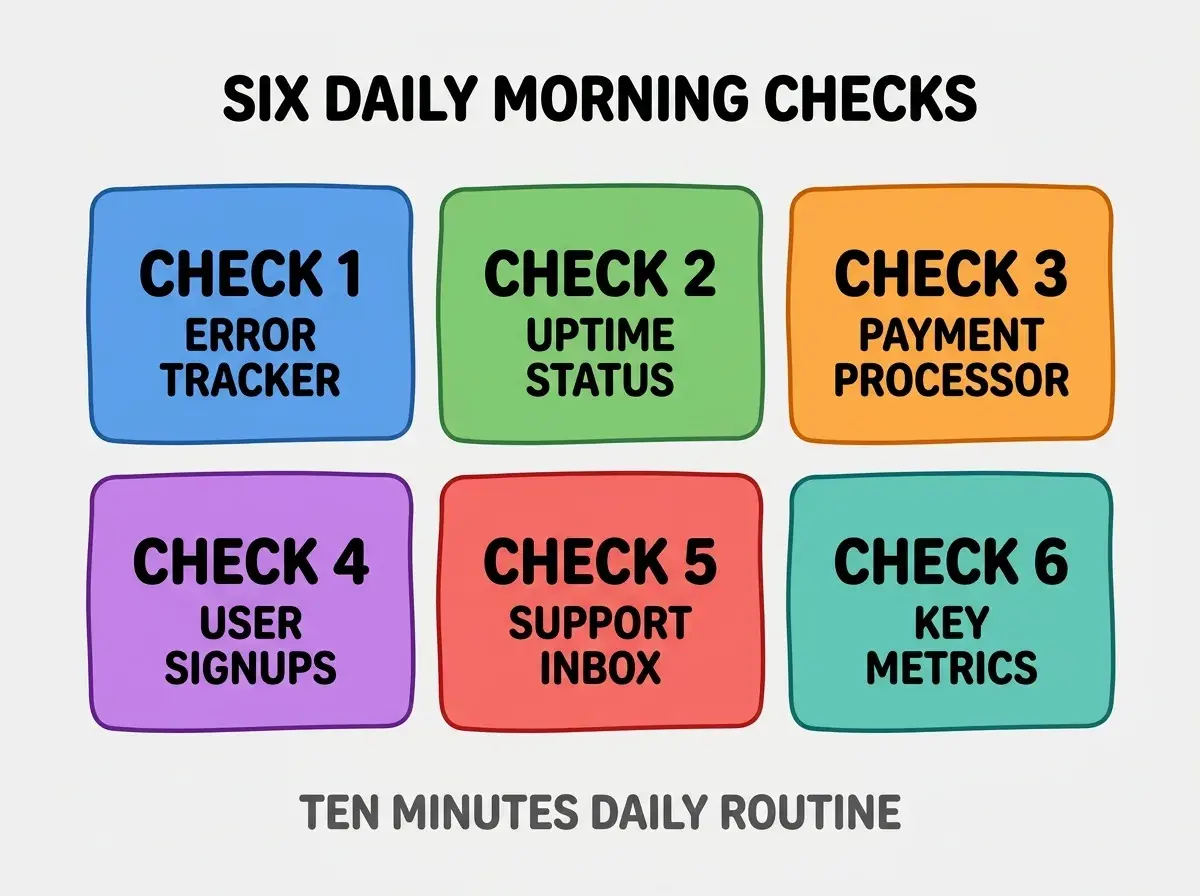 Clean modern flat infographic on light gray background. Top center bold black title text: SIX DAILY MORNING CHECKS. Below title, six equal sized colored rounded rectangle cards arranged in two rows of three. Card 1 blue: large bold text CHECK 1 then smaller text ERROR TRACKER. Card 2 green: large bold text CHECK 2 then smaller text UPTIME STATUS. Card 3 orange: large bold text CHECK 3 then smaller text PAYMENT PROCESSOR. Card 4 purple: large bold text CHECK 4 then smaller text USER SIGNUPS. Card 5 red: large bold text CHECK 5 then smaller text SUPPORT INBOX. Card 6 teal: large bold text CHECK 6 then smaller text KEY METRICS. Single footer line below cards in dark gray text: TEN MINUTES DAILY ROUTINE. Nothing else on canvas. No text outside cards or below cards.