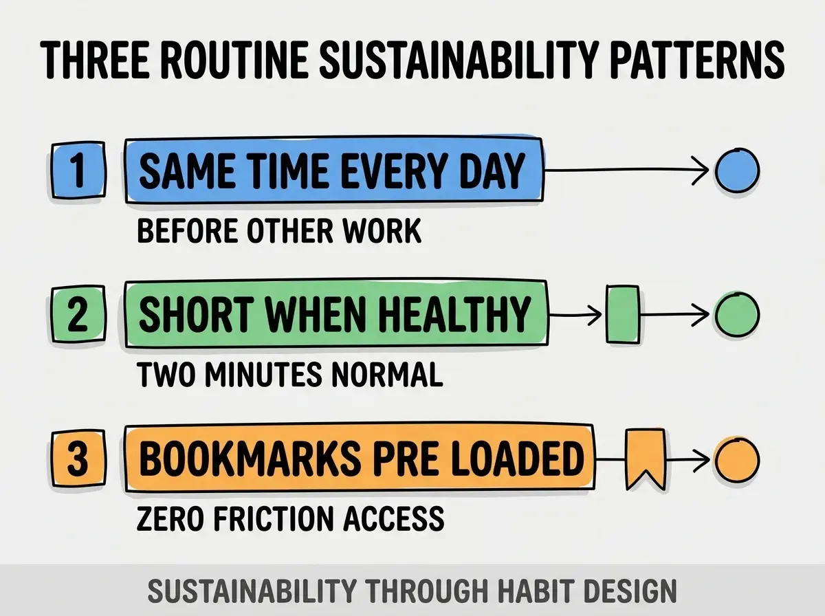 Clean modern flat infographic on light gray background. Top title bold black: THREE ROUTINE SUSTAINABILITY PATTERNS. Single vertical numbered list with three rows. Row 1 blue badge SAME TIME EVERY DAY with subtitle BEFORE OTHER WORK. Row 2 green badge SHORT WHEN HEALTHY with subtitle TWO MINUTES NORMAL. Row 3 orange badge BOOKMARKS PRE LOADED with subtitle ZERO FRICTION ACCESS. Footer text dark gray: SUSTAINABILITY THROUGH HABIT DESIGN. Each label appears exactly once. No duplicated text.