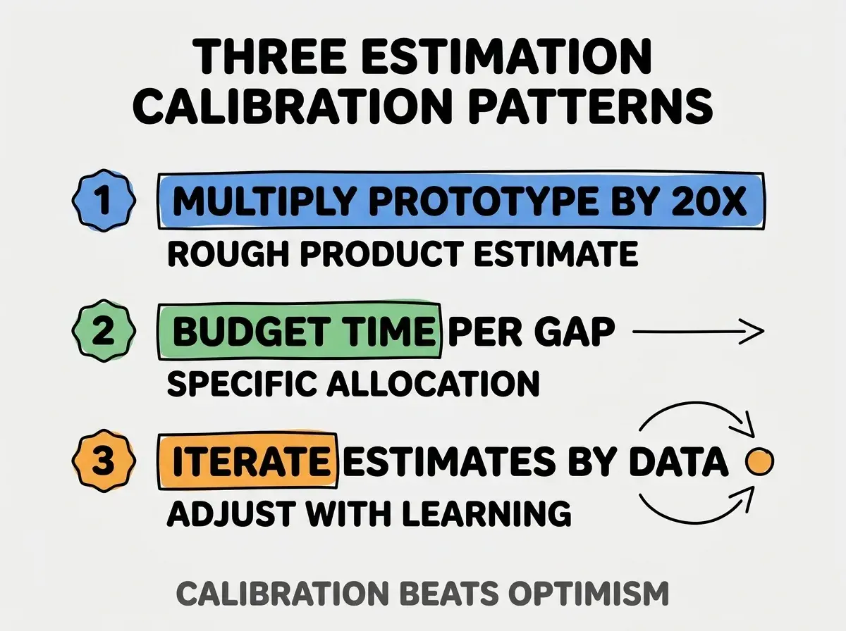 Clean modern flat infographic on light gray background. Top title bold black: THREE ESTIMATION CALIBRATION PATTERNS. Single vertical numbered list with three rows. Row 1 blue badge MULTIPLY PROTOTYPE BY 20X with subtitle ROUGH PRODUCT ESTIMATE. Row 2 green badge BUDGET TIME PER GAP with subtitle SPECIFIC ALLOCATION. Row 3 orange badge ITERATE ESTIMATES BY DATA with subtitle ADJUST WITH LEARNING. Footer text dark gray: CALIBRATION BEATS OPTIMISM. Each label appears exactly once. No duplicated text.