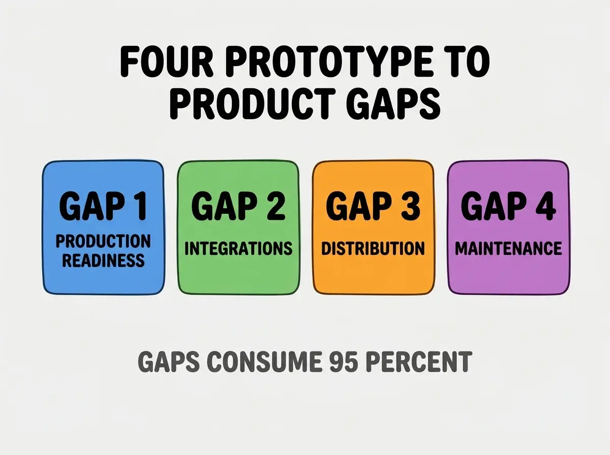 Clean modern flat infographic on light gray background. Top center bold black title text: FOUR PROTOTYPE TO PRODUCT GAPS. Below title, four equal sized colored rounded rectangle cards arranged horizontally. Card 1 blue: large bold text GAP 1 then smaller text PRODUCTION READINESS. Card 2 green: large bold text GAP 2 then smaller text INTEGRATIONS. Card 3 orange: large bold text GAP 3 then smaller text DISTRIBUTION. Card 4 purple: large bold text GAP 4 then smaller text MAINTENANCE. Single footer line below cards in dark gray text: GAPS CONSUME 95 PERCENT. Nothing else on canvas. No text outside cards or below cards.