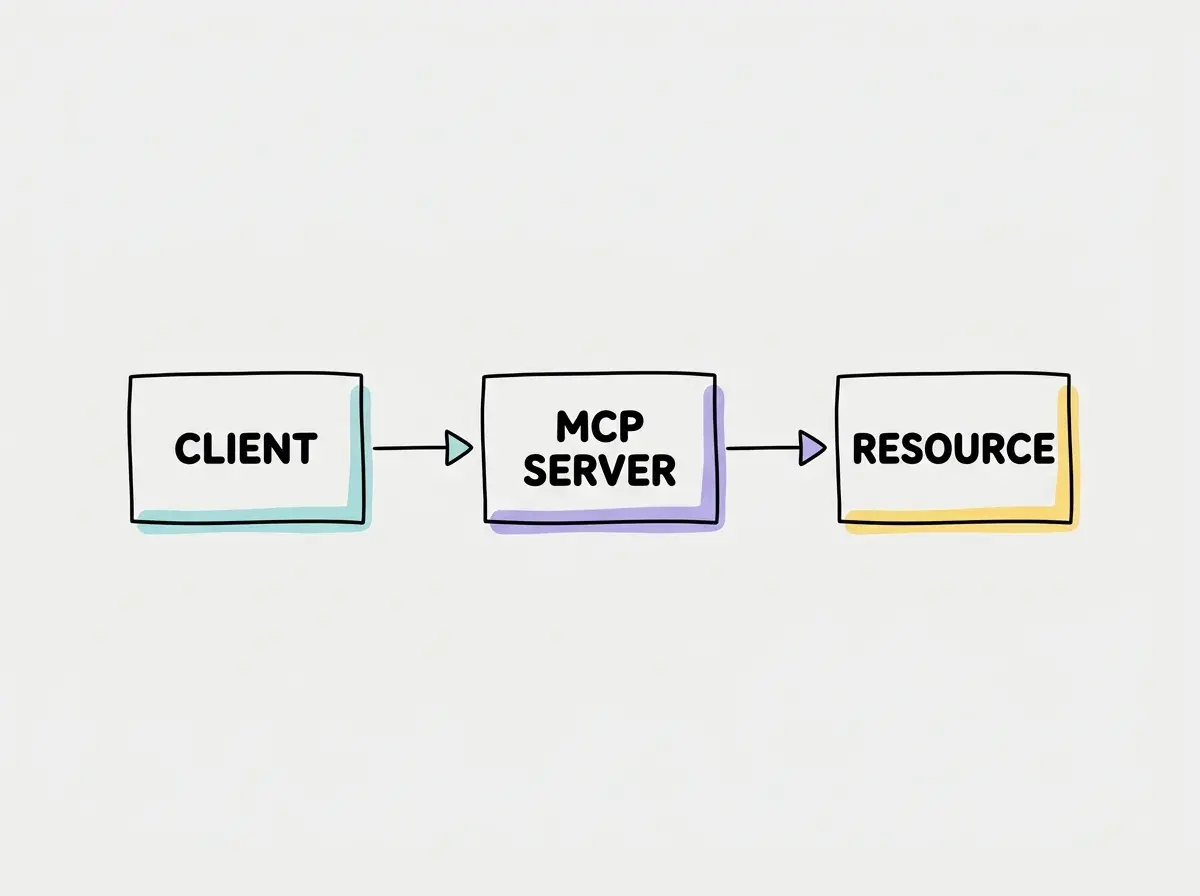 Simple conceptual diagram with separate boxes labeled CLIENT, MCP SERVER, RESOURCE. Exactly these labels and no other text. No statistics or numbers.