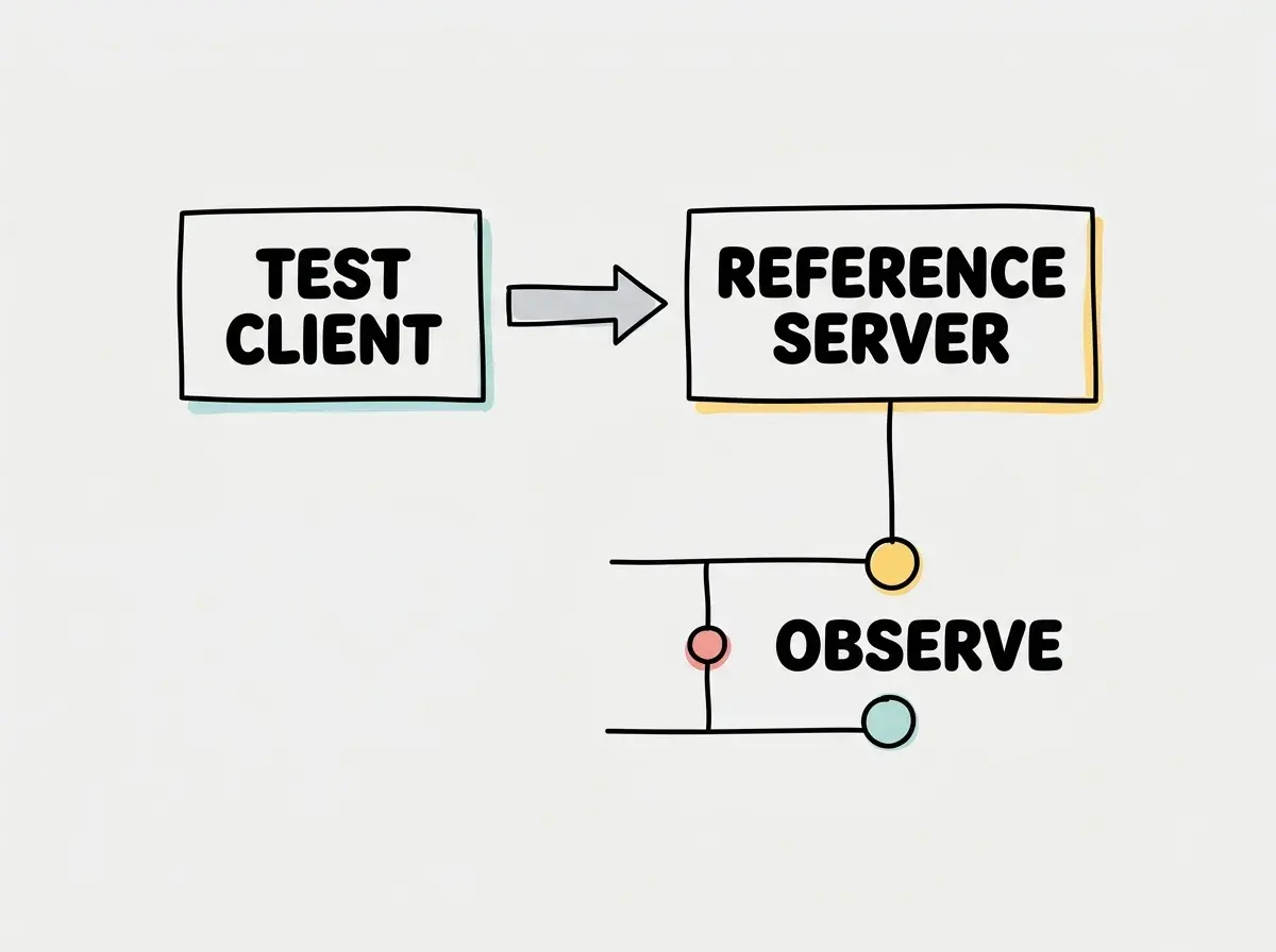 Simple conceptual diagram with separate boxes labeled TEST CLIENT, REFERENCE SERVER, OBSERVE. Exactly these labels and no other text. No statistics or numbers.