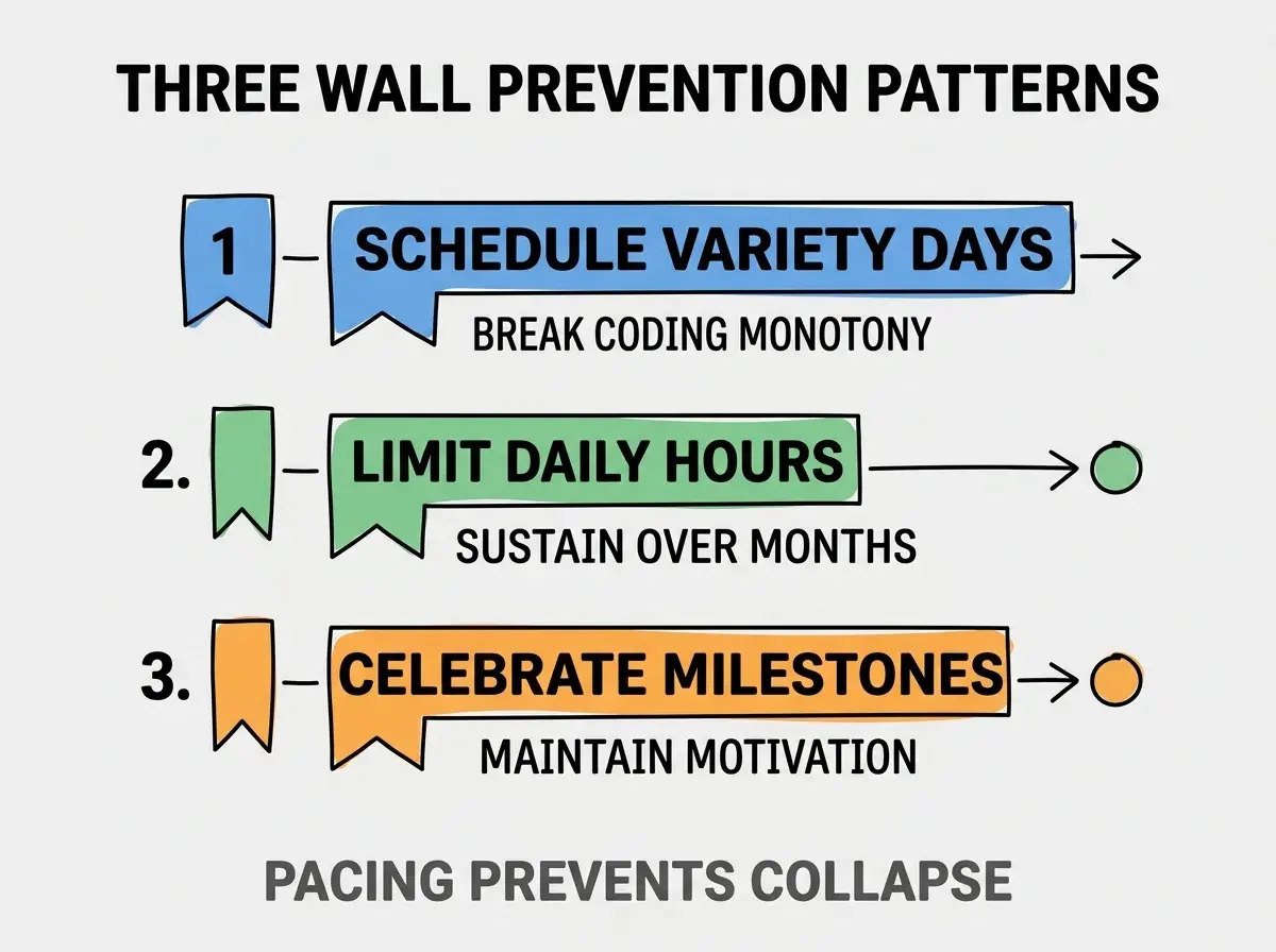 Clean modern flat infographic on light gray background. Top title bold black: THREE WALL PREVENTION PATTERNS. Single vertical numbered list with three rows. Row 1 blue badge SCHEDULE VARIETY DAYS with subtitle BREAK CODING MONOTONY. Row 2 green badge LIMIT DAILY HOURS with subtitle SUSTAIN OVER MONTHS. Row 3 orange badge CELEBRATE MILESTONES with subtitle MAINTAIN MOTIVATION. Footer text dark gray: PACING PREVENTS COLLAPSE. Each label appears exactly once. No duplicated text.