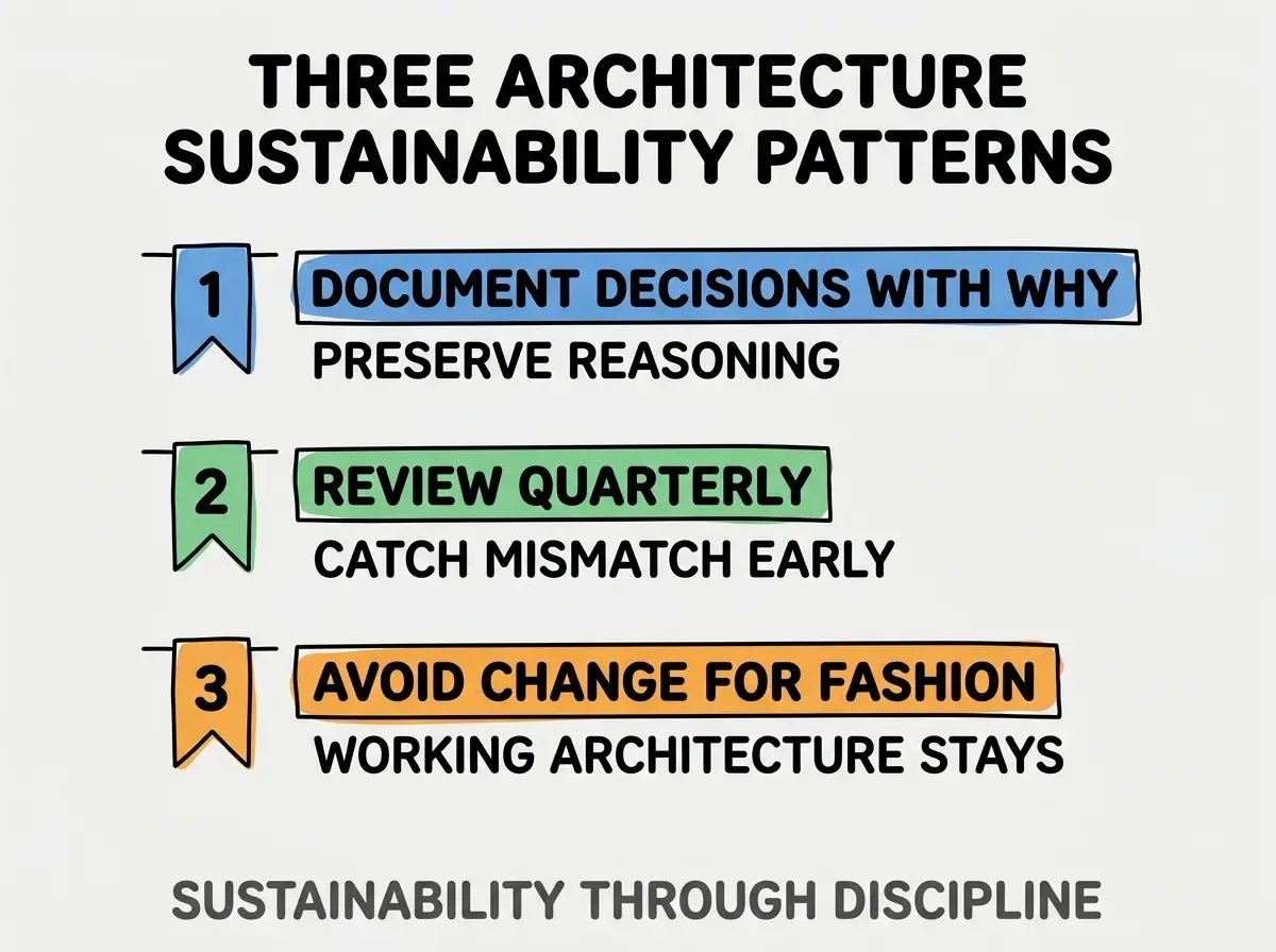 Clean modern flat infographic on light gray background. Top title bold black: THREE ARCHITECTURE SUSTAINABILITY PATTERNS. Single vertical numbered list with three rows. Row 1 blue badge DOCUMENT DECISIONS WITH WHY with subtitle PRESERVE REASONING. Row 2 green badge REVIEW QUARTERLY with subtitle CATCH MISMATCH EARLY. Row 3 orange badge AVOID CHANGE FOR FASHION with subtitle WORKING ARCHITECTURE STAYS. Footer text dark gray: SUSTAINABILITY THROUGH DISCIPLINE. Each label appears exactly once. No duplicated text.
