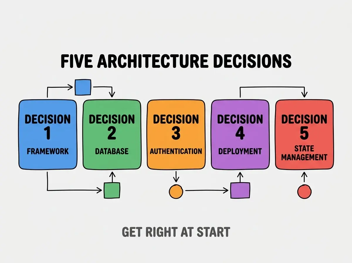Clean modern flat infographic on light gray background. Top center bold black title text: FIVE ARCHITECTURE DECISIONS. Below title, five colored rounded rectangle cards arranged horizontally. Card 1 blue: large bold text DECISION 1 then smaller text FRAMEWORK. Card 2 green: large bold text DECISION 2 then smaller text DATABASE. Card 3 orange: large bold text DECISION 3 then smaller text AUTHENTICATION. Card 4 purple: large bold text DECISION 4 then smaller text DEPLOYMENT. Card 5 red: large bold text DECISION 5 then smaller text STATE MANAGEMENT. Single footer line below cards in dark gray text: GET RIGHT AT START. Nothing else on canvas. No text outside cards or below cards.