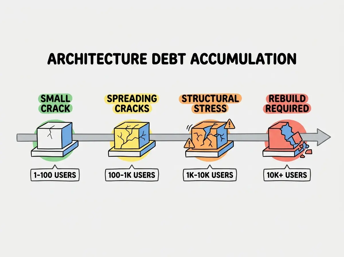 Horizontal timeline diagram with header ARCHITECTURE DEBT ACCUMULATION. Four stages shown left to right on a gray timeline arrow. Stage 1 in green labeled SMALL CRACK with a thin line on a foundation block. Stage 2 in yellow labeled SPREADING CRACKS with multiple lines branching. Stage 3 in orange labeled STRUCTURAL STRESS with large fractures and warning icons. Stage 4 in red labeled REBUILD REQUIRED with a crumbling foundation block. Below each stage, labels read 1-100 USERS, 100-1K USERS, 1K-10K USERS, and 10K+ USERS. Blue and orange color scheme.