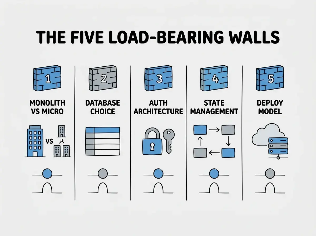 Five-column comparison diagram with header THE FIVE LOAD-BEARING WALLS. Each column shows a numbered wall icon in blue. Column 1 labeled MONOLITH VS MICRO with a single building versus multiple buildings. Column 2 labeled DATABASE CHOICE with a table icon. Column 3 labeled AUTH ARCHITECTURE with a lock and key. Column 4 labeled STATE MANAGEMENT with arrows flowing between boxes. Column 5 labeled DEPLOY MODEL with a cloud and server rack. All on white background with blue and gray color scheme.