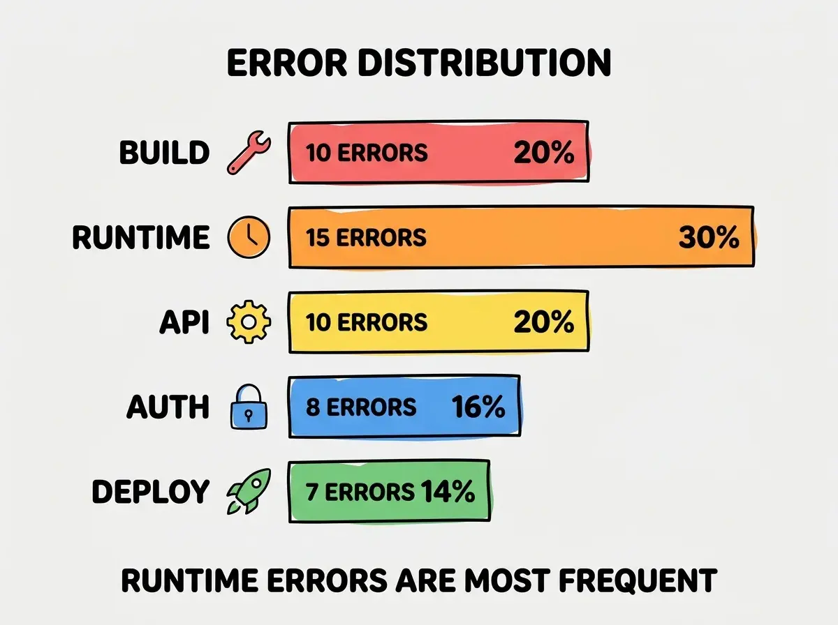 EXPLAINER DIAGRAM: A horizontal bar chart showing the distribution of 50 common errors across five categories. Build and Compilation shows 10 errors with a red bar at 20%. Runtime and Logic shows 15 errors with an orange bar at 30%. API and Data shows 10 errors with a yellow bar at 20%. Authentication shows 8 errors with a blue bar at 16%. Deployment shows 7 errors with a green bar at 14%. Each bar has a small icon representing its category. A note at the bottom reads RUNTIME ERRORS ARE THE MOST FREQUENT BECAUSE AI OFTEN SKIPS EDGE CASE HANDLING.