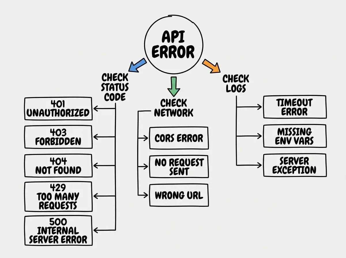 EXPLAINER DIAGRAM: A decision tree for API error diagnosis. Starting from a circle labeled API ERROR, three branches extend. First branch labeled CHECK STATUS CODE leads to boxes for 401 (token issue), 404 (route mismatch), 429 (rate limit), and 500 (server crash). Second branch labeled CHECK NETWORK TAB leads to boxes for CORS header missing, request never sent, and wrong URL. Third branch labeled CHECK LOGS leads to boxes for database timeout, missing env var, and unhandled exception. Each endpoint box has a one-line fix in smaller text.