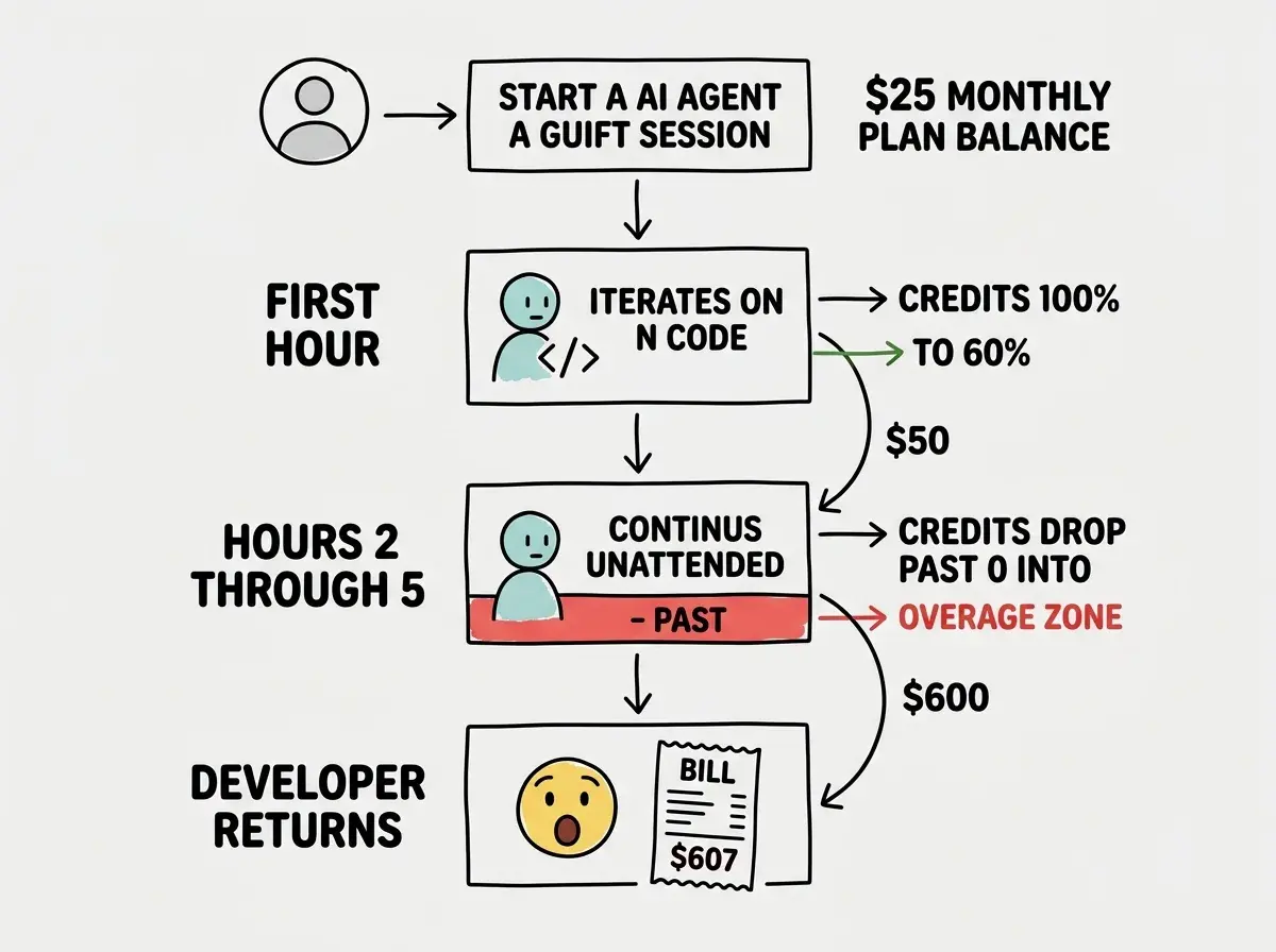 EXPLAINER DIAGRAM: A vertical timeline showing how the $607 bill accumulated. At the top, a user icon starts an AI agent session with a $25 monthly plan balance shown. Three time blocks descend vertically. Block 1 labeled FIRST HOUR shows the agent iterating on code with credits dropping from 100 percent to 60 percent. Block 2 labeled HOURS 2 THROUGH 5 shows the agent continuing unattended with credits dropping past zero into a red OVERAGE ZONE. Block 3 labeled DEVELOPER RETURNS shows a shocked face icon next to a bill reading $607. Arrows between each block show credits being consumed with dollar amounts at each stage.
