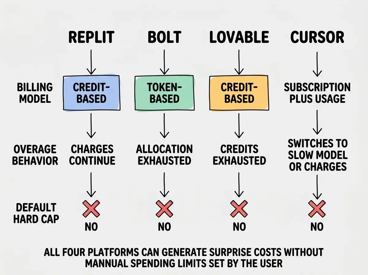 EXPLAINER DIAGRAM: A comparison grid showing four AI platforms side by side. Each column is labeled with a platform name at the top: Replit, Bolt, Lovable, and Cursor. Three rows compare features across platforms. Row 1 labeled BILLING MODEL shows Credit-based, Token-based, Credit-based, and Subscription plus usage respectively. Row 2 labeled OVERAGE BEHAVIOR shows Charges continue, Allocation exhausted, Credits exhausted, and Switches to slow model or charges. Row 3 labeled DEFAULT HARD CAP shows a red X for No on each platform. A footer note reads All four platforms can generate surprise costs without manual spending limits set by the user.