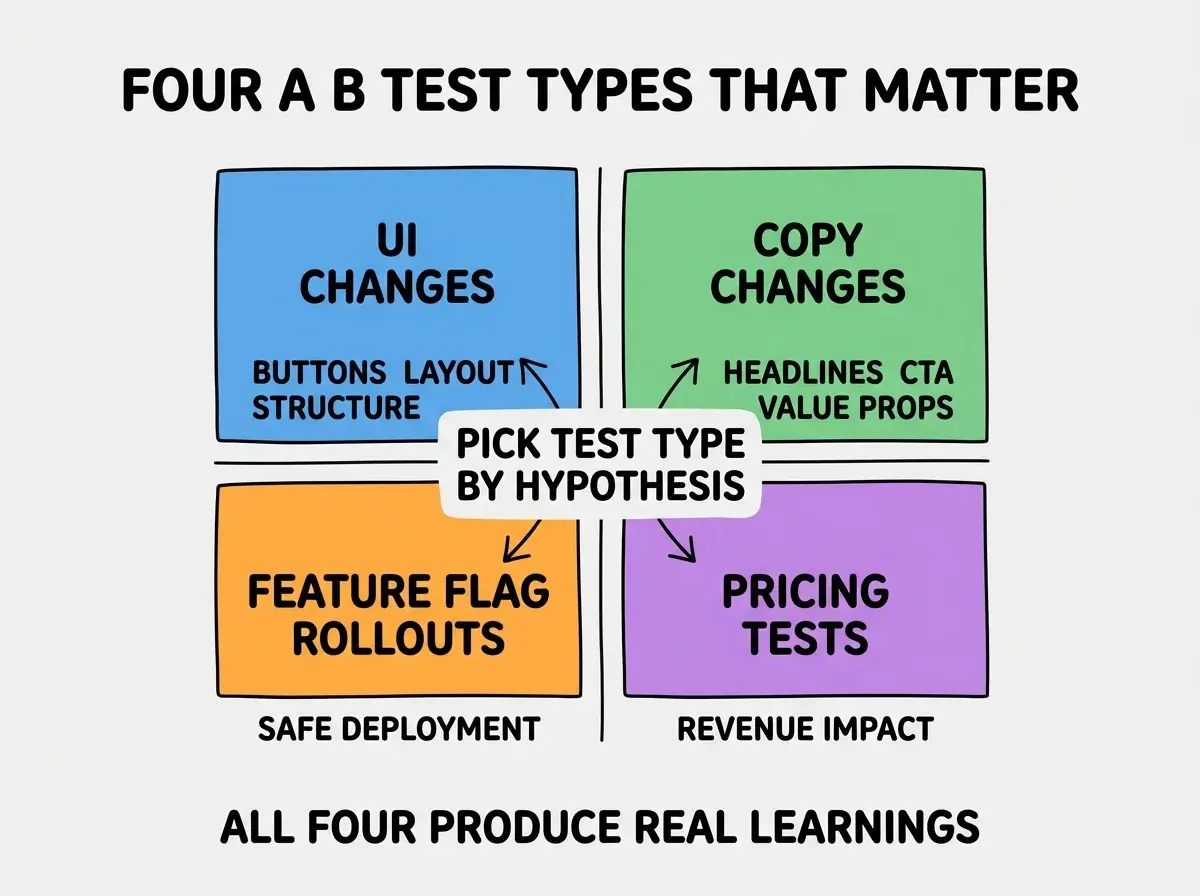 EXPLAINER DIAGRAM titled FOUR A B TEST TYPES THAT MATTER shown as a 2x2 grid of quadrants on a slate background. Top left blue UI CHANGES sublabel BUTTONS LAYOUT STRUCTURE. Top right green COPY CHANGES sublabel HEADLINES CTA VALUE PROPS. Bottom left orange FEATURE FLAG ROLLOUTS sublabel SAFE DEPLOYMENT. Bottom right purple PRICING TESTS sublabel REVENUE IMPACT. Center label reads PICK TEST TYPE BY HYPOTHESIS. Footer reads ALL FOUR PRODUCE REAL LEARNINGS.