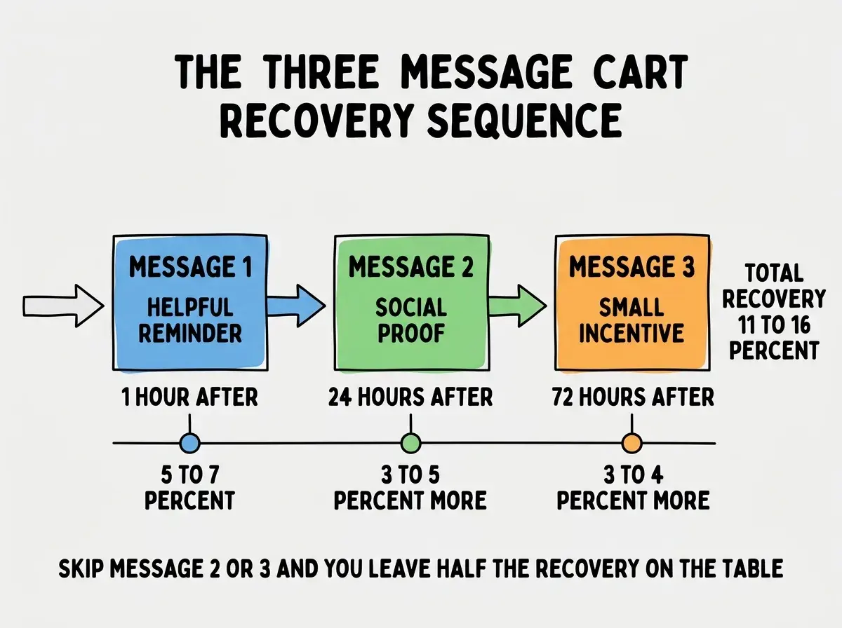 EXPLAINER DIAGRAM titled THE THREE MESSAGE CART RECOVERY SEQUENCE shown as a horizontal three-stage timeline on a slate background. Stage 1 colored blue MESSAGE 1 sublabel HELPFUL REMINDER, timing 1 HOUR AFTER, expected recovery 5 TO 7 PERCENT. Stage 2 colored green MESSAGE 2 sublabel SOCIAL PROOF, timing 24 HOURS AFTER, expected recovery 3 TO 5 PERCENT MORE. Stage 3 colored orange MESSAGE 3 sublabel SMALL INCENTIVE, timing 72 HOURS AFTER, expected recovery 3 TO 4 PERCENT MORE. Right side label TOTAL RECOVERY 11 TO 16 PERCENT. Footer reads SKIP MESSAGE 2 OR 3 AND YOU LEAVE HALF THE RECOVERY ON THE TABLE.