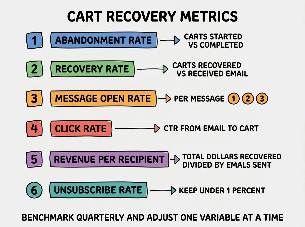 EXPLAINER DIAGRAM titled CART RECOVERY METRICS shown as a vertical numbered list on a slate background. Six rows stacked vertically. Row 1 blue ABANDONMENT RATE sublabel CARTS STARTED VS COMPLETED. Row 2 green RECOVERY RATE sublabel CARTS RECOVERED VS RECEIVED EMAIL. Row 3 orange MESSAGE OPEN RATE sublabel PER MESSAGE 1 2 3. Row 4 red CLICK RATE sublabel CTR FROM EMAIL TO CART. Row 5 purple REVENUE PER RECIPIENT sublabel TOTAL DOLLARS RECOVERED DIVIDED BY EMAILS SENT. Row 6 teal UNSUBSCRIBE RATE sublabel KEEP UNDER 1 PERCENT. Footer reads BENCHMARK QUARTERLY AND ADJUST ONE VARIABLE AT A TIME.