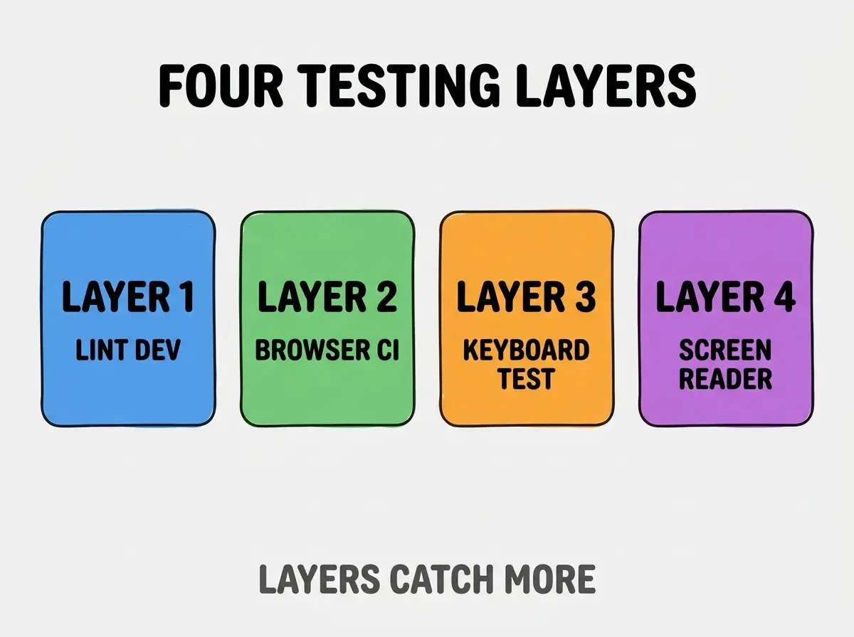 Clean modern flat infographic on light gray background. Top center bold black title text: FOUR TESTING LAYERS. Below title, four equal sized colored rounded rectangle cards arranged horizontally. Card 1 blue: large bold text LAYER 1 then smaller text LINT DEV. Card 2 green: large bold text LAYER 2 then smaller text BROWSER CI. Card 3 orange: large bold text LAYER 3 then smaller text KEYBOARD TEST. Card 4 purple: large bold text LAYER 4 then smaller text SCREEN READER. Single footer line below cards in dark gray text: LAYERS CATCH MORE. Nothing else on canvas. No text outside cards or below cards.