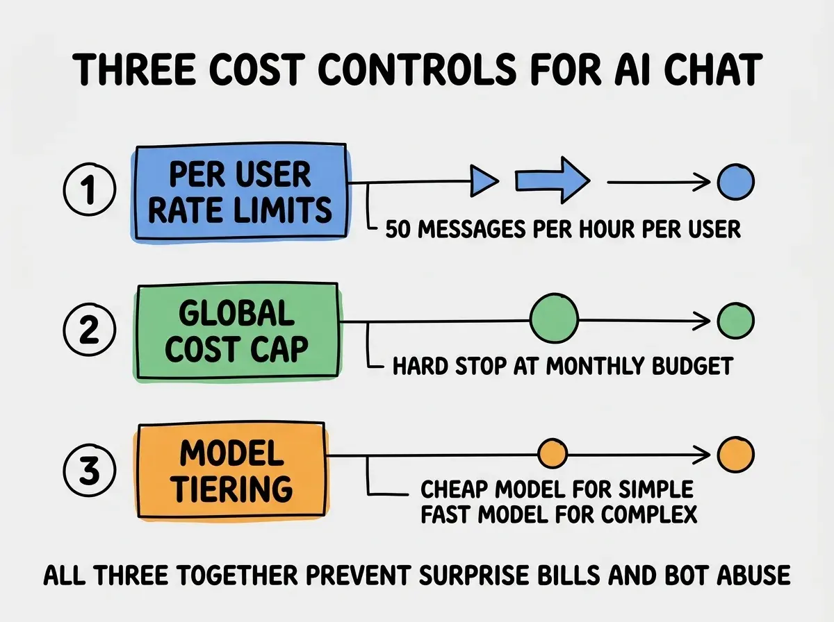 EXPLAINER DIAGRAM titled THREE COST CONTROLS FOR AI CHAT shown as a vertical numbered list on a slate background. Three rows. Row 1 blue badge PER USER RATE LIMITS sublabel 50 MESSAGES PER HOUR PER USER. Row 2 green badge GLOBAL COST CAP sublabel HARD STOP AT MONTHLY BUDGET. Row 3 orange badge MODEL TIERING sublabel CHEAP MODEL FOR SIMPLE FAST MODEL FOR COMPLEX. Footer reads ALL THREE TOGETHER PREVENT SURPRISE BILLS AND BOT ABUSE.