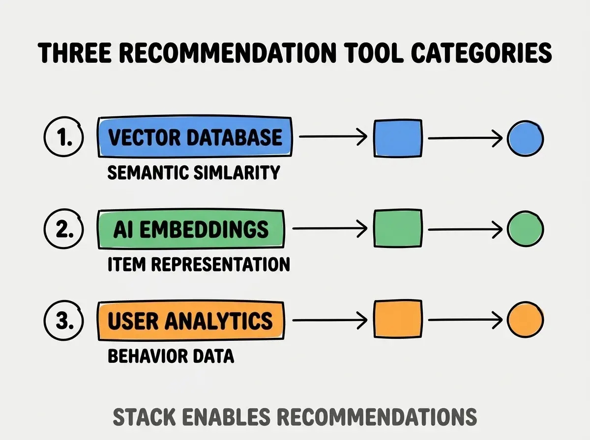 Clean modern flat infographic on light gray background. Top title bold black: THREE RECOMMENDATION TOOL CATEGORIES. Single vertical numbered list with three rows. Row 1 blue badge VECTOR DATABASE with subtitle SEMANTIC SIMILARITY. Row 2 green badge AI EMBEDDINGS with subtitle ITEM REPRESENTATION. Row 3 orange badge USER ANALYTICS with subtitle BEHAVIOR DATA. Footer text dark gray: STACK ENABLES RECOMMENDATIONS. Each label appears exactly once. No duplicated text.
