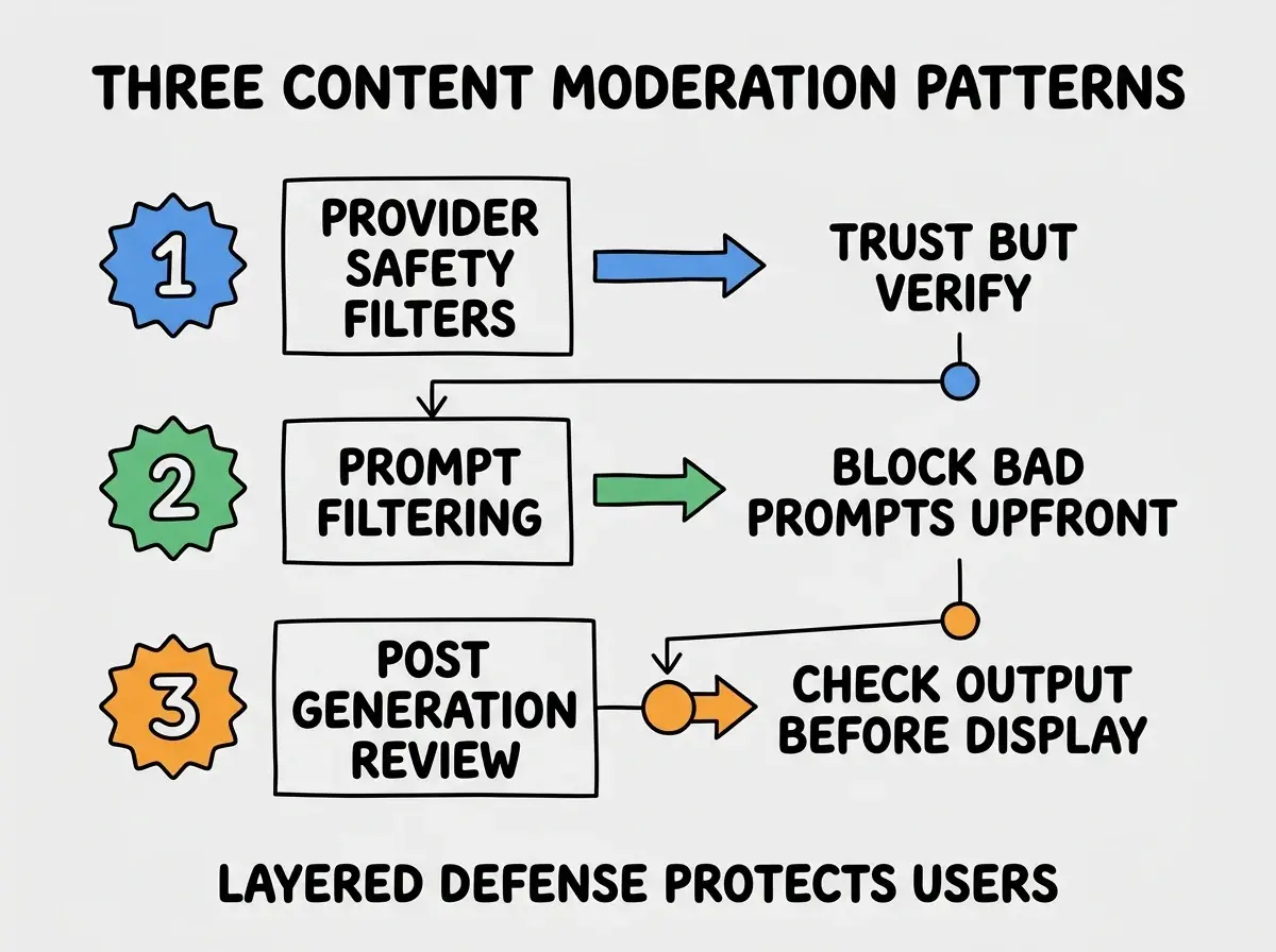 EXPLAINER DIAGRAM titled THREE CONTENT MODERATION PATTERNS shown as a vertical numbered list on a slate background. Three rows. Row 1 blue badge PROVIDER SAFETY FILTERS sublabel TRUST BUT VERIFY. Row 2 green badge PROMPT FILTERING sublabel BLOCK BAD PROMPTS UPFRONT. Row 3 orange badge POST GENERATION REVIEW sublabel CHECK OUTPUT BEFORE DISPLAY. Footer reads LAYERED DEFENSE PROTECTS USERS.