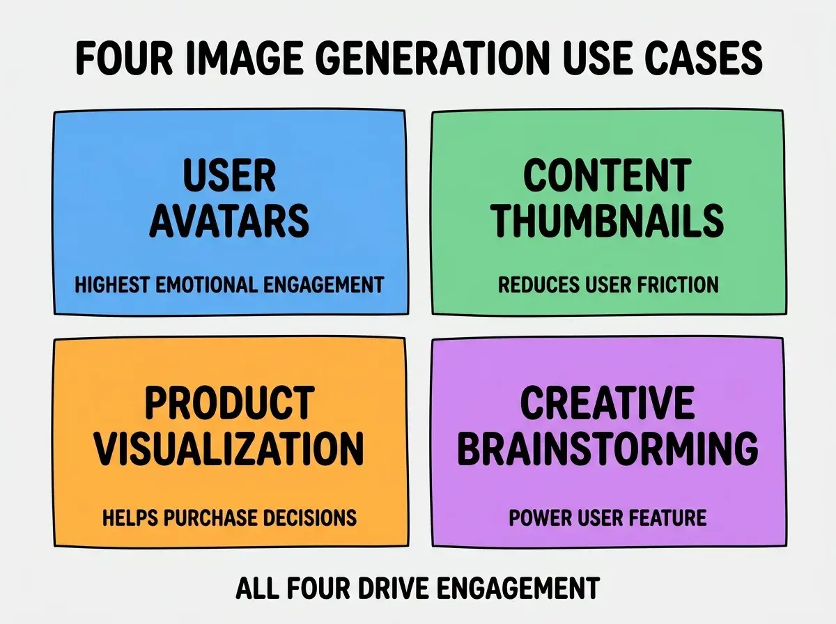 EXPLAINER DIAGRAM titled FOUR IMAGE GENERATION USE CASES shown as a 2x2 grid of quadrants on a slate background. Top left blue USER AVATARS sublabel HIGHEST EMOTIONAL ENGAGEMENT. Top right green CONTENT THUMBNAILS sublabel REDUCES USER FRICTION. Bottom left orange PRODUCT VISUALIZATION sublabel HELPS PURCHASE DECISIONS. Bottom right purple CREATIVE BRAINSTORMING sublabel POWER USER FEATURE. Center label reads PICK USE CASE BY PRODUCT CATEGORY. Footer reads ALL FOUR DRIVE ENGAGEMENT.