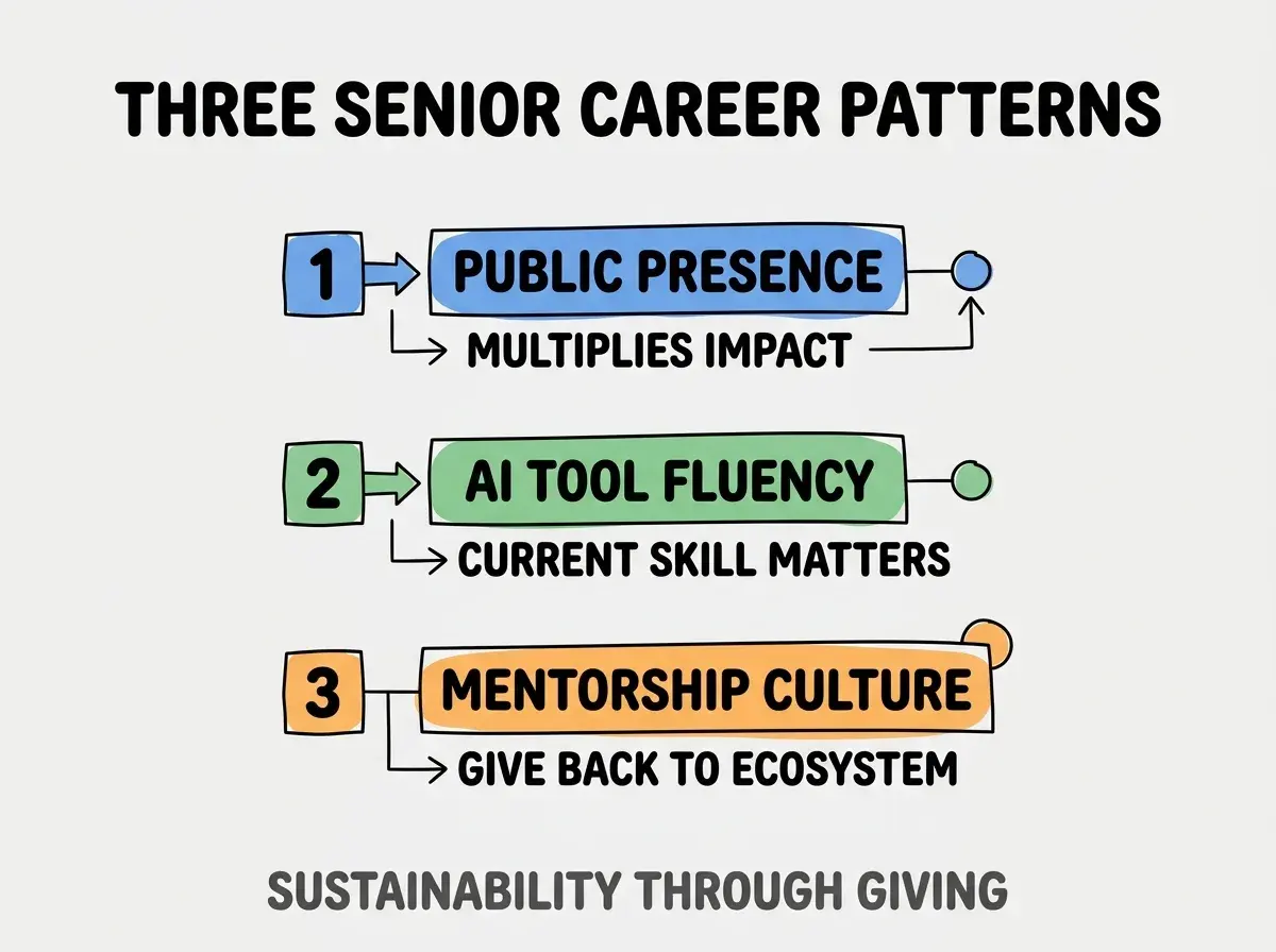 Clean modern flat infographic on light gray background. Top title bold black: THREE SENIOR CAREER PATTERNS. Single vertical numbered list with three rows. Row 1 blue badge PUBLIC PRESENCE with subtitle MULTIPLIES IMPACT. Row 2 green badge AI TOOL FLUENCY with subtitle CURRENT SKILL MATTERS. Row 3 orange badge MENTORSHIP CULTURE with subtitle GIVE BACK TO ECOSYSTEM. Footer text dark gray: SUSTAINABILITY THROUGH GIVING. Each label appears exactly once. No duplicated text.