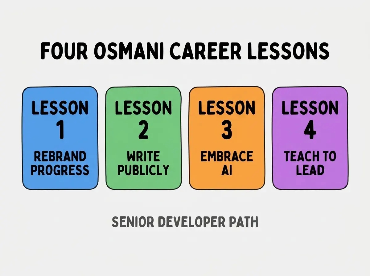 Clean modern flat infographic on light gray background. Top center bold black title text: FOUR OSMANI CAREER LESSONS. Below title, four equal sized colored rounded rectangle cards arranged horizontally. Card 1 blue: large bold text LESSON 1 then smaller text REBRAND PROGRESS. Card 2 green: large bold text LESSON 2 then smaller text WRITE PUBLICLY. Card 3 orange: large bold text LESSON 3 then smaller text EMBRACE AI. Card 4 purple: large bold text LESSON 4 then smaller text TEACH TO LEAD. Single footer line below cards in dark gray text: SENIOR DEVELOPER PATH. Nothing else on canvas. No text outside cards or below cards.