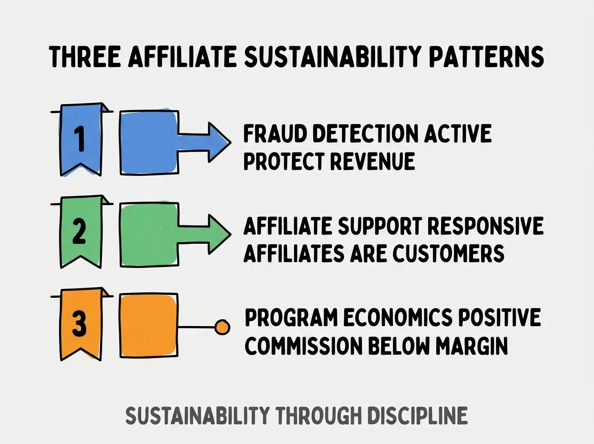 Clean modern flat infographic on light gray background. Top title bold black: THREE AFFILIATE SUSTAINABILITY PATTERNS. Single vertical numbered list with three rows. Row 1 blue badge FRAUD DETECTION ACTIVE with subtitle PROTECT REVENUE. Row 2 green badge AFFILIATE SUPPORT RESPONSIVE with subtitle AFFILIATES ARE CUSTOMERS. Row 3 orange badge PROGRAM ECONOMICS POSITIVE with subtitle COMMISSION BELOW MARGIN. Footer text dark gray: SUSTAINABILITY THROUGH DISCIPLINE. Each label appears exactly once. No duplicated text.