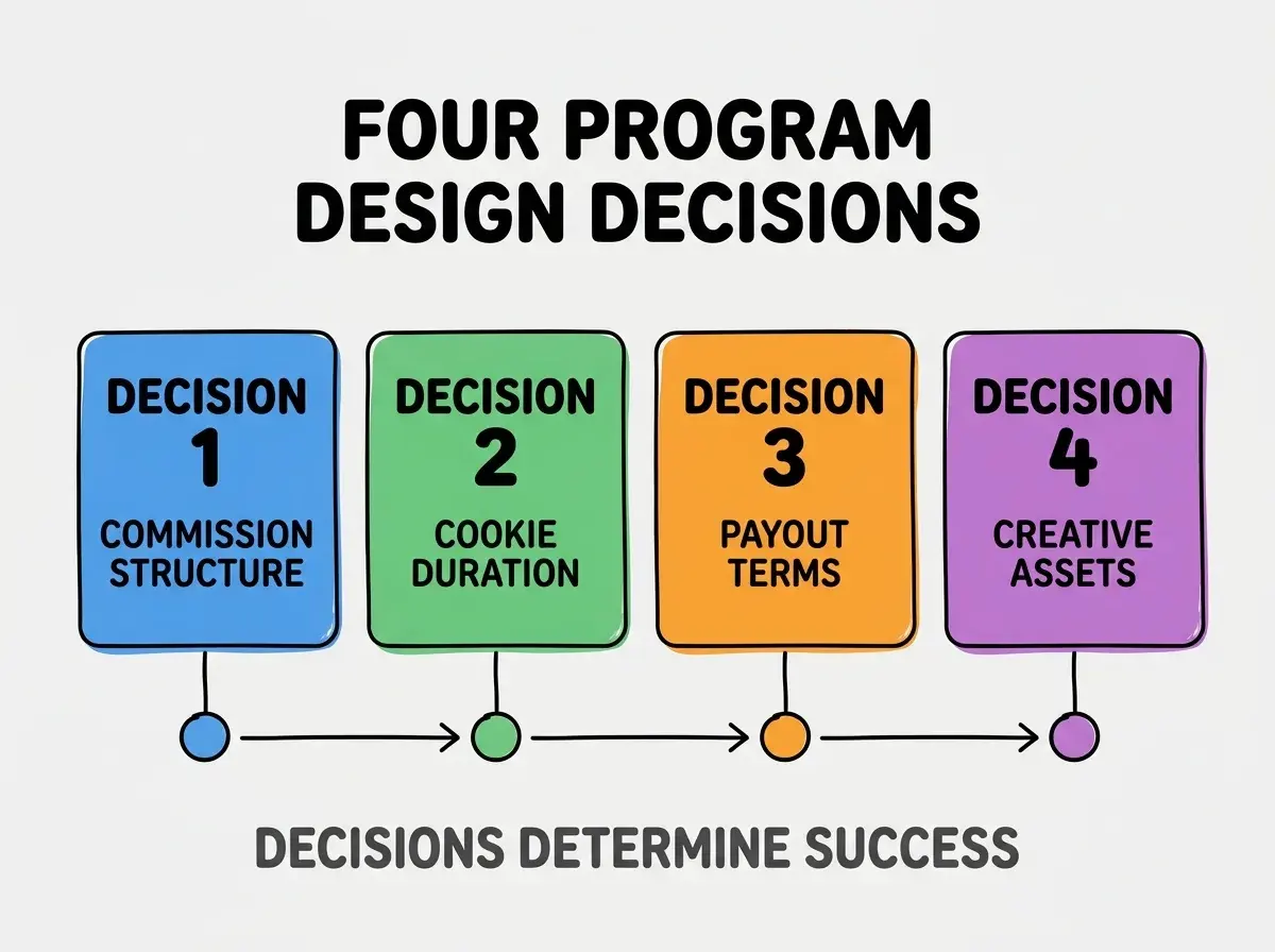 Clean modern flat infographic on light gray background. Top center bold black title text: FOUR PROGRAM DESIGN DECISIONS. Below title, four equal sized colored rounded rectangle cards arranged horizontally. Card 1 blue: large bold text DECISION 1 then smaller text COMMISSION STRUCTURE. Card 2 green: large bold text DECISION 2 then smaller text COOKIE DURATION. Card 3 orange: large bold text DECISION 3 then smaller text PAYOUT TERMS. Card 4 purple: large bold text DECISION 4 then smaller text CREATIVE ASSETS. Single footer line below cards in dark gray text: DECISIONS DETERMINE SUCCESS. Nothing else on canvas. No text outside cards or below cards.