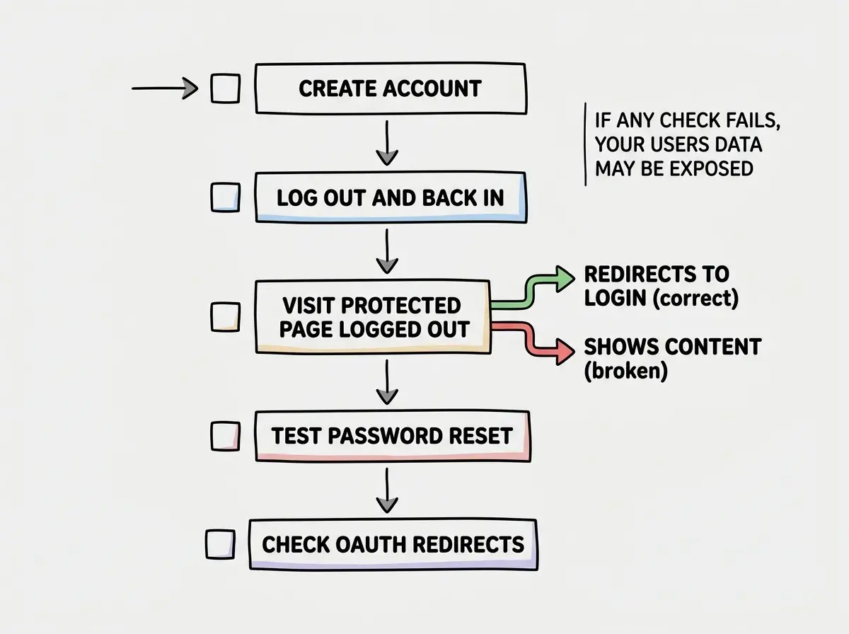 EXPLAINER DIAGRAM: A flowchart showing five sequential authentication checks arranged vertically. Box 1 labeled CREATE ACCOUNT with an arrow pointing down to Box 2 labeled LOG OUT AND BACK IN, arrow down to Box 3 labeled VISIT PROTECTED PAGE LOGGED OUT with a branch showing two outcomes: a green path labeled REDIRECTS TO LOGIN (correct) and a red path labeled SHOWS CONTENT (broken). Arrow continues down to Box 4 labeled TEST PASSWORD RESET and finally Box 5 labeled CHECK OAUTH REDIRECTS. Each box has a small checkbox to the left. A sidebar annotation reads: If any check fails, your users data may be exposed.