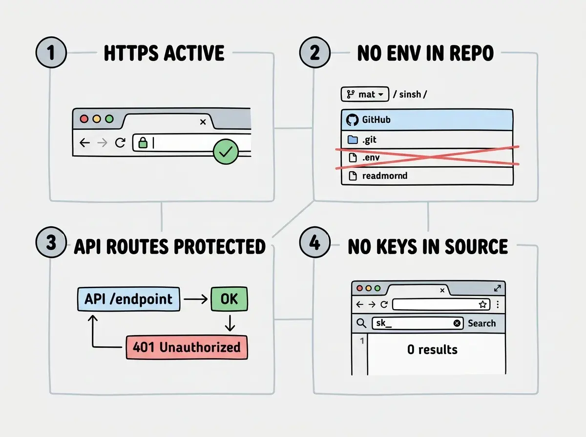 EXPLAINER DIAGRAM: A two-by-two grid showing four security checks. Top-left cell labeled HTTPS ACTIVE shows a browser address bar with a padlock icon and a green checkmark. Top-right cell labeled NO ENV IN REPO shows a GitHub file listing with .env crossed out in red. Bottom-left cell labeled API ROUTES PROTECTED shows an API endpoint returning a 401 Unauthorized response. Bottom-right cell labeled NO KEYS IN SOURCE shows a page source view with a search for sk_ returning zero results. Each cell has a numbered circle (1 through 4) in the corner indicating check order. Light connecting lines between cells suggest the flow.