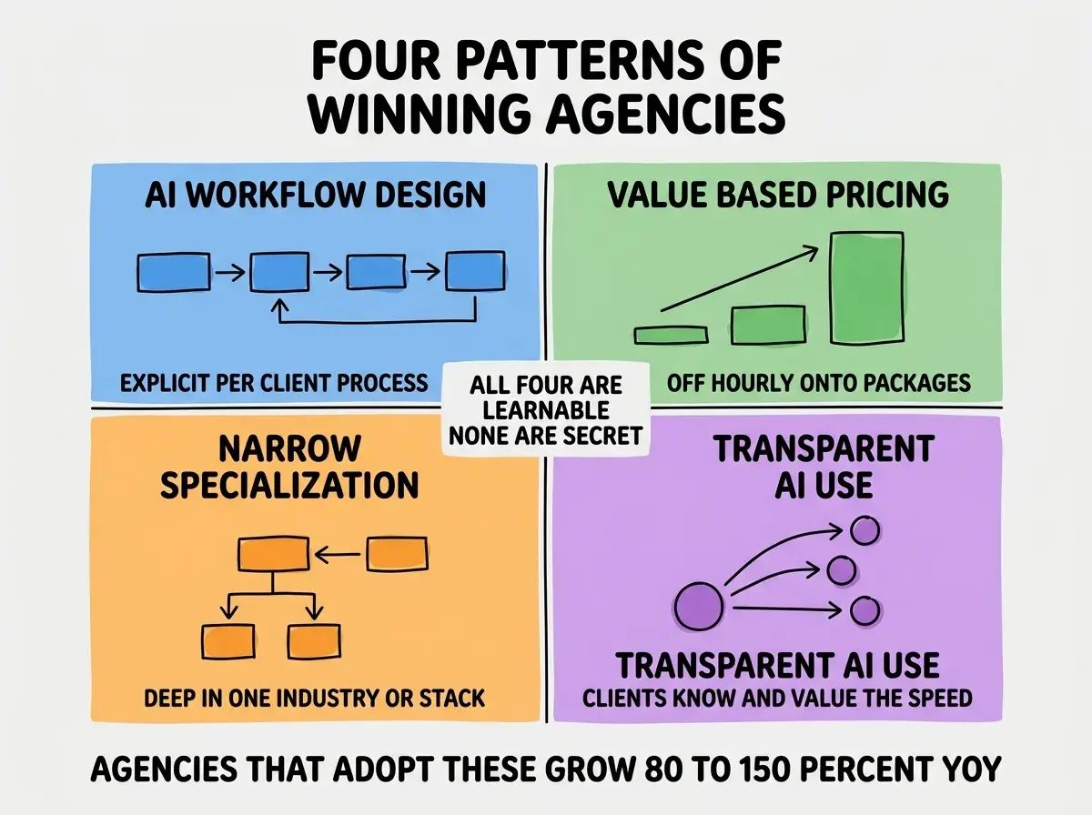 EXPLAINER DIAGRAM titled FOUR PATTERNS OF WINNING AGENCIES shown as a 2x2 grid of quadrants on a slate background. Top left blue quadrant AI WORKFLOW DESIGN sublabel EXPLICIT PER CLIENT PROCESS. Top right green VALUE BASED PRICING sublabel OFF HOURLY ONTO PACKAGES. Bottom left orange NARROW SPECIALIZATION sublabel DEEP IN ONE INDUSTRY OR STACK. Bottom right purple TRANSPARENT AI USE sublabel CLIENTS KNOW AND VALUE THE SPEED. Center label reads ALL FOUR ARE LEARNABLE NONE ARE SECRET. Footer reads AGENCIES THAT ADOPT THESE GROW 80 TO 150 PERCENT YOY.