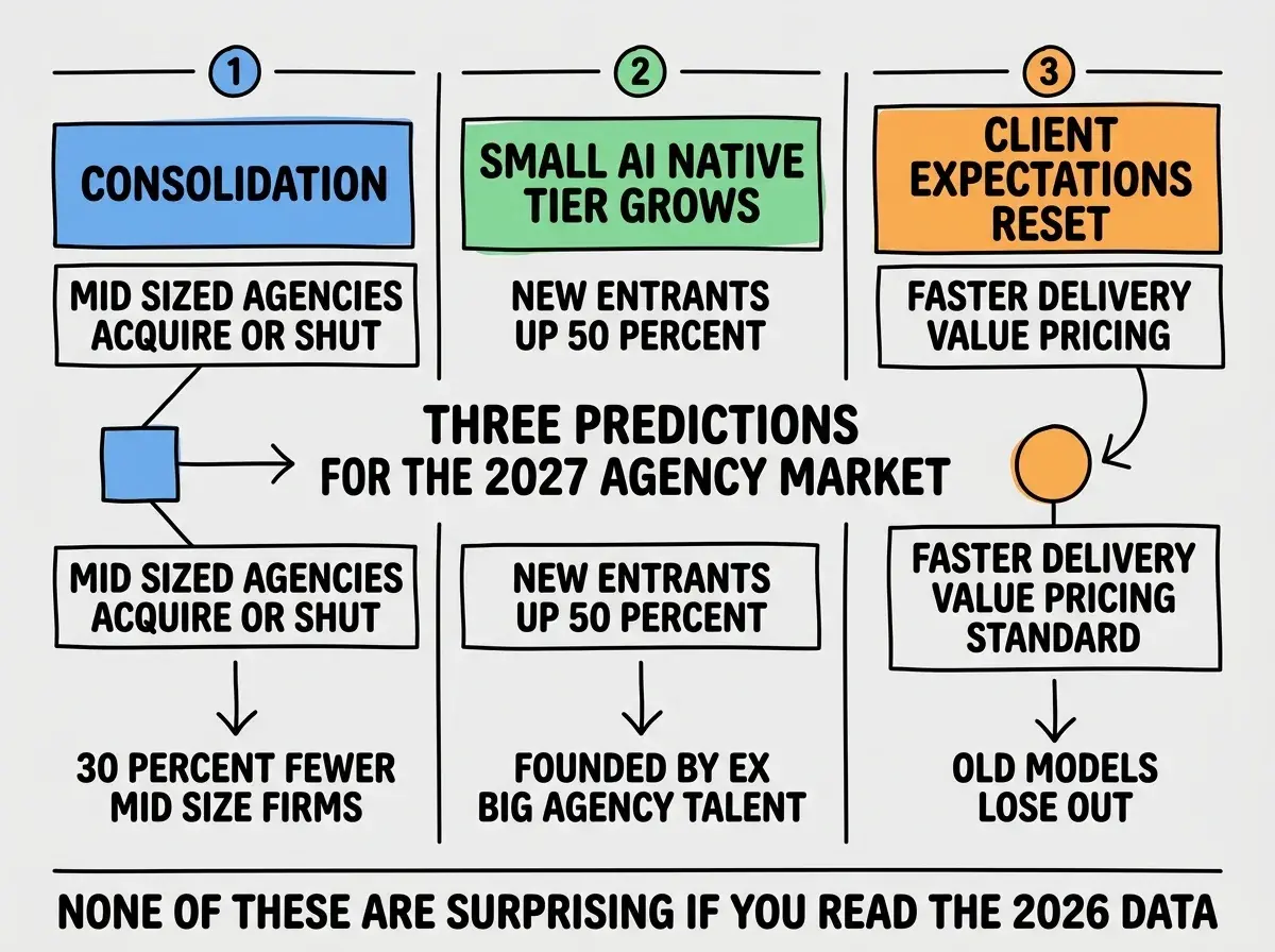 EXPLAINER DIAGRAM titled THREE PREDICTIONS FOR THE 2027 AGENCY MARKET shown as a horizontal three-panel layout on a slate background. Panel 1 colored blue header CONSOLIDATION sublabel MID SIZED AGENCIES ACQUIRE OR SHUT, with note 30 PERCENT FEWER MID SIZE FIRMS. Panel 2 colored green header SMALL AI NATIVE TIER GROWS sublabel NEW ENTRANTS UP 50 PERCENT, with note FOUNDED BY EX BIG AGENCY TALENT. Panel 3 colored orange header CLIENT EXPECTATIONS RESET sublabel FASTER DELIVERY VALUE PRICING STANDARD, with note OLD MODELS LOSE OUT. Footer reads NONE OF THESE ARE SURPRISING IF YOU READ THE 2026 DATA.