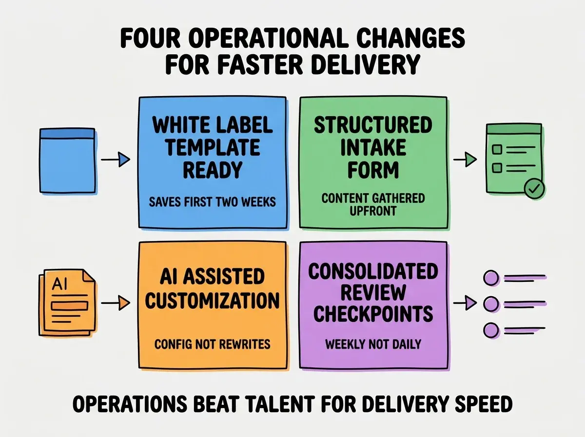 EXPLAINER DIAGRAM titled FOUR OPERATIONAL CHANGES FOR FASTER DELIVERY shown as a 2x2 grid of quadrants on a slate background. Top left blue WHITE LABEL TEMPLATE READY sublabel SAVES FIRST TWO WEEKS. Top right green STRUCTURED INTAKE FORM sublabel CONTENT GATHERED UPFRONT. Bottom left orange AI ASSISTED CUSTOMIZATION sublabel CONFIG NOT REWRITES. Bottom right purple CONSOLIDATED REVIEW CHECKPOINTS sublabel WEEKLY NOT DAILY. Center label reads ALL FOUR TOGETHER PRODUCE 6X SPEEDUP. Footer reads OPERATIONS BEAT TALENT FOR DELIVERY SPEED.
