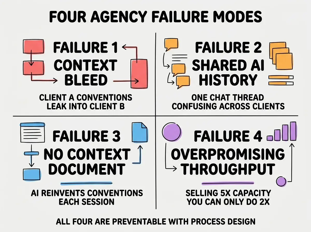 EXPLAINER DIAGRAM titled FOUR AGENCY FAILURE MODES shown as a 2x2 grid of quadrants on a slate background. Top left red FAILURE 1 CONTEXT BLEED sublabel CLIENT A CONVENTIONS LEAK INTO CLIENT B. Top right orange FAILURE 2 SHARED AI HISTORY sublabel ONE CHAT THREAD CONFUSING ACROSS CLIENTS. Bottom left blue FAILURE 3 NO CONTEXT DOCUMENT sublabel AI REINVENTS CONVENTIONS EACH SESSION. Bottom right purple FAILURE 4 OVERPROMISING THROUGHPUT sublabel SELLING 5X CAPACITY YOU CAN ONLY DO 2X. Footer reads ALL FOUR ARE PREVENTABLE WITH PROCESS DESIGN.