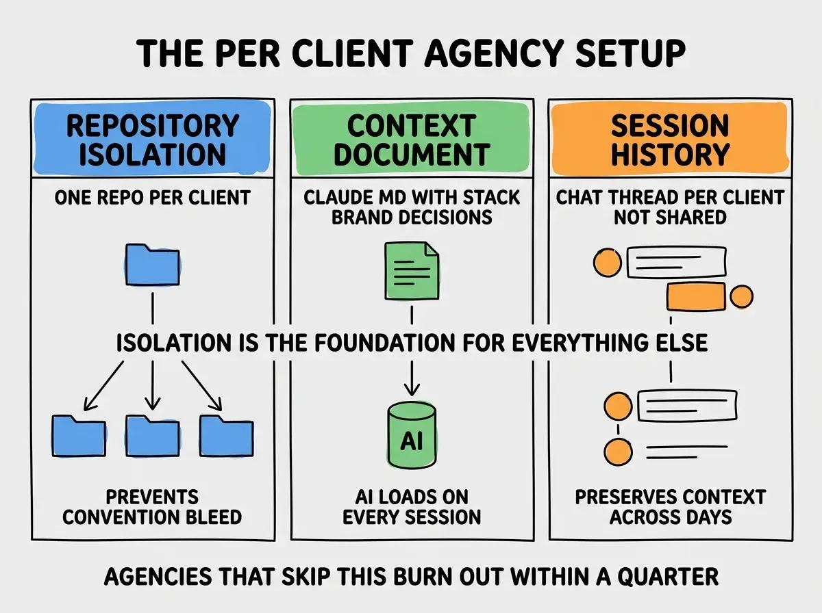 EXPLAINER DIAGRAM titled THE PER CLIENT AGENCY SETUP shown as a horizontal three-panel layout on a slate background. Panel 1 colored blue header REPOSITORY ISOLATION sublabel ONE REPO PER CLIENT, with note PREVENTS CONVENTION BLEED. Panel 2 colored green header CONTEXT DOCUMENT sublabel CLAUDE MD WITH STACK BRAND DECISIONS, with note AI LOADS ON EVERY SESSION. Panel 3 colored orange header SESSION HISTORY sublabel CHAT THREAD PER CLIENT NOT SHARED, with note PRESERVES CONTEXT ACROSS DAYS. Center label reads ISOLATION IS THE FOUNDATION FOR EVERYTHING ELSE. Footer reads AGENCIES THAT SKIP THIS BURN OUT WITHIN A QUARTER.