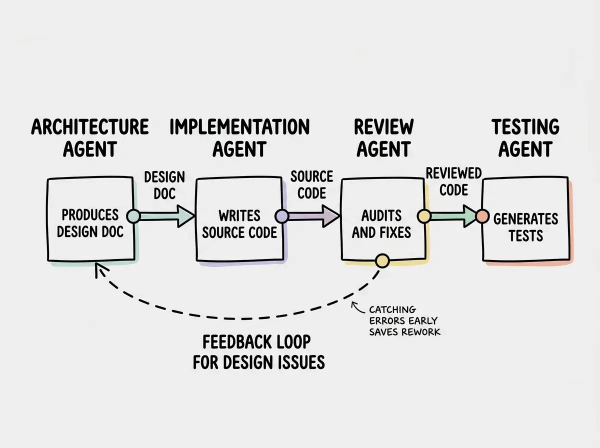 EXPLAINER DIAGRAM: A horizontal pipeline flowchart showing four connected stages from left to right. Stage 1 is a box labeled ARCHITECTURE AGENT with subtitle produces design doc. Stage 2 is IMPLEMENTATION AGENT with subtitle writes source code. Stage 3 is REVIEW AGENT with subtitle audits and fixes. Stage 4 is TESTING AGENT with subtitle generates tests. Arrows connect each stage left to right. Above the arrows between each stage, labels show what passes between them: DESIGN DOC between stages 1 and 2, SOURCE CODE between stages 2 and 3, REVIEWED CODE between stages 3 and 4. Below the entire pipeline a dashed arrow curves back from stage 3 to stage 1, labeled FEEDBACK LOOP FOR DESIGN ISSUES. A small note near this arrow reads catching errors early saves rework.