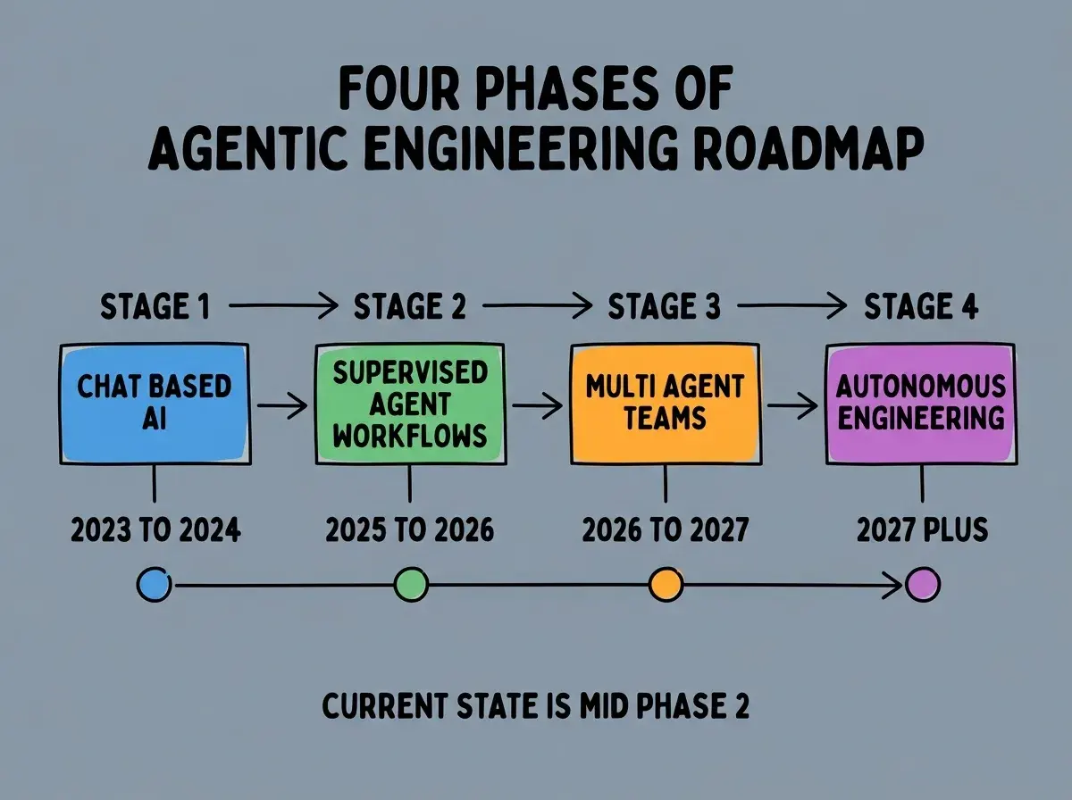 EXPLAINER DIAGRAM titled FOUR PHASES OF AGENTIC ENGINEERING ROADMAP shown as a horizontal four-stage pipeline on a slate background. Stage 1 colored blue CHAT BASED AI sublabel 2023 TO 2024. Stage 2 colored green SUPERVISED AGENT WORKFLOWS sublabel 2025 TO 2026. Stage 3 colored orange MULTI AGENT TEAMS sublabel 2026 TO 2027. Stage 4 colored purple AUTONOMOUS ENGINEERING sublabel 2027 PLUS. Footer reads CURRENT STATE IS MID PHASE 2.