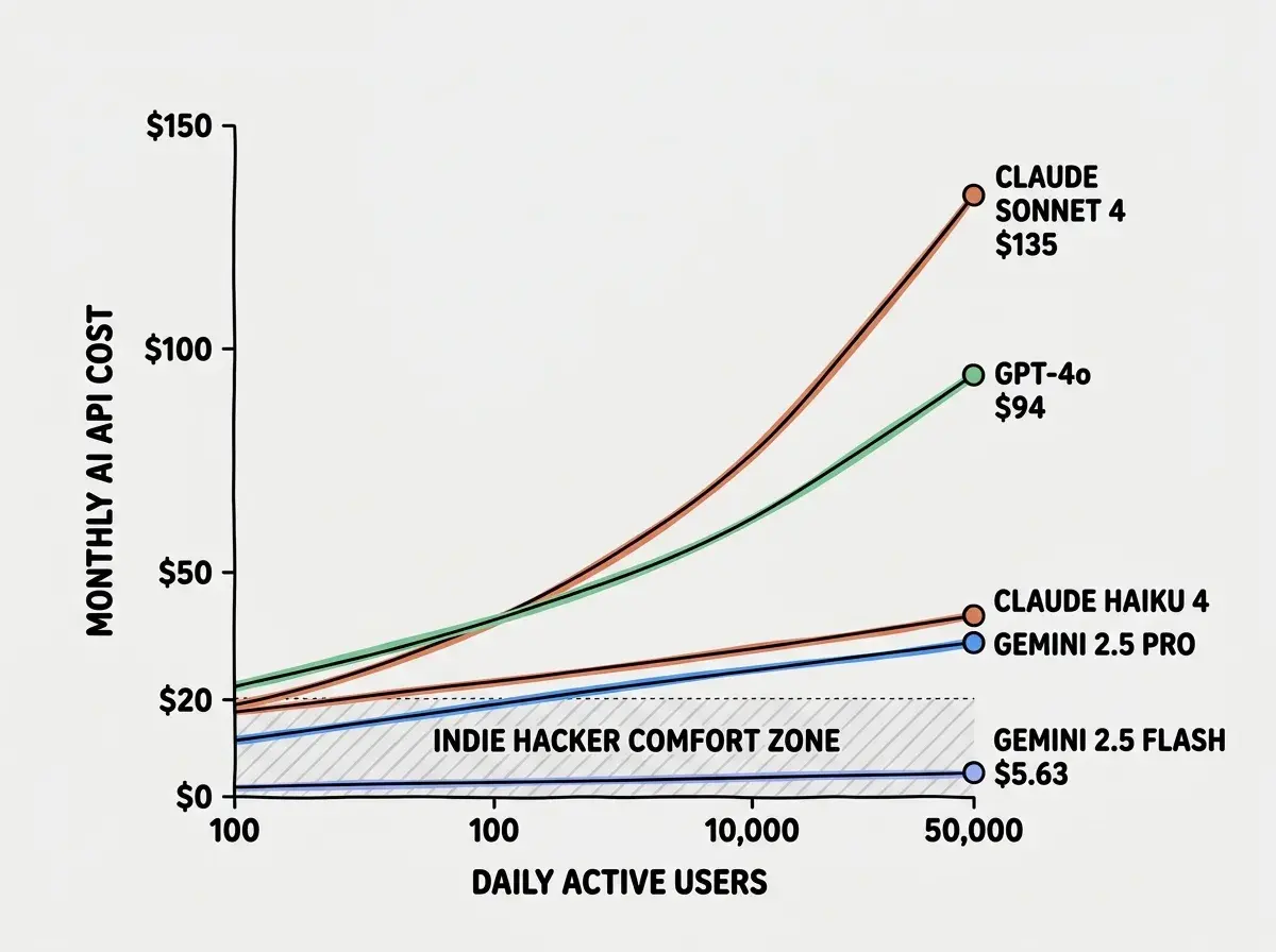 EXPLAINER DIAGRAM: A line chart with five lines representing monthly AI API cost on the Y-axis (from $0 to $150) and daily active users on the X-axis (from 100 to 50,000 on a logarithmic scale). The Claude Sonnet 4 line is the steepest, climbing to $135 at 50K DAU. GPT-4o is slightly below it at $94. Claude Haiku 4 runs in the middle at about $36. Gemini 2.5 Pro is just below Haiku. Gemini 2.5 Flash is nearly flat along the bottom at $5.63. A shaded zone between $0 and $20 is labeled INDIE HACKER COMFORT ZONE. Each line is color-coded and labeled at its endpoint.