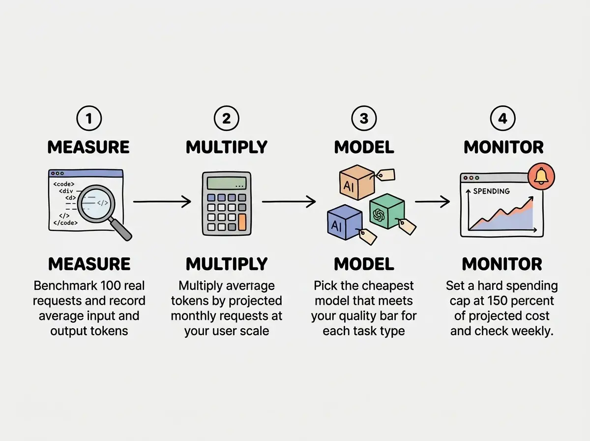 EXPLAINER DIAGRAM: A four-step horizontal workflow on a light background. Step 1 labeled MEASURE shows a magnifying glass icon over a code snippet, with text reading Benchmark 100 real requests and record average input and output tokens. Step 2 labeled MULTIPLY shows a calculator icon with text reading Multiply average tokens by projected monthly requests at your user scale. Step 3 labeled MODEL shows three boxes representing different AI models with price tags, with text reading Pick the cheapest model that meets your quality bar for each task type. Step 4 labeled MONITOR shows a dashboard with a spending graph and an alert bell icon, with text reading Set a hard spending cap at 150 percent of projected cost and check weekly. An arrow connects all four steps left to right.
