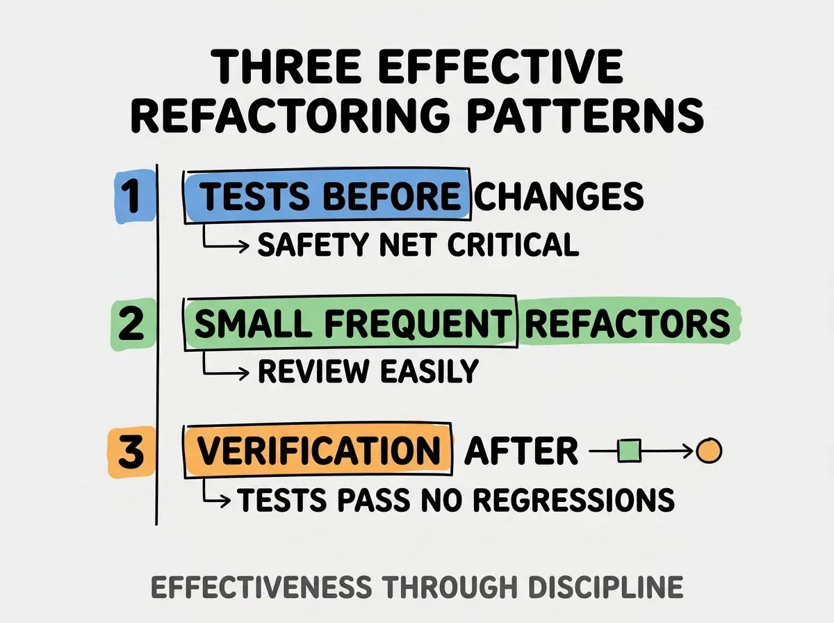 Clean modern flat infographic on light gray background. Top title bold black: THREE EFFECTIVE REFACTORING PATTERNS. Single vertical numbered list with three rows. Row 1 blue badge TESTS BEFORE CHANGES with subtitle SAFETY NET CRITICAL. Row 2 green badge SMALL FREQUENT REFACTORS with subtitle REVIEW EASILY. Row 3 orange badge VERIFICATION AFTER with subtitle TESTS PASS NO REGRESSIONS. Footer text dark gray: EFFECTIVENESS THROUGH DISCIPLINE. Each label appears exactly once. No duplicated text.