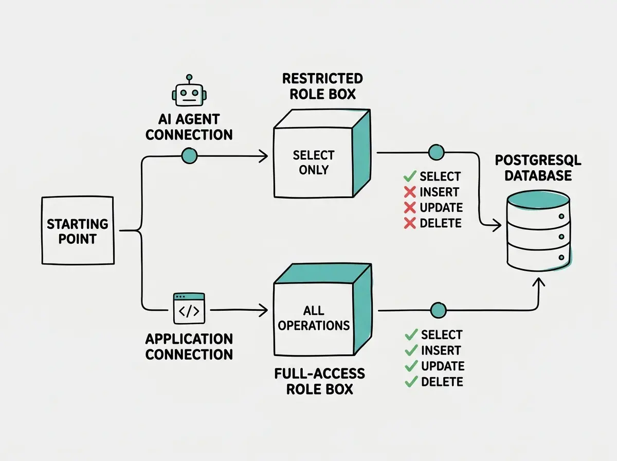 EXPLAINER DIAGRAM: A horizontal flow showing two paths from an application to a PostgreSQL database. The top path labeled AI AGENT CONNECTION shows a robot icon connecting through a restricted role box with permissions listed as SELECT ONLY, then reaching the database with a green checkmark on SELECT and red X marks on INSERT, UPDATE, and DELETE. The bottom path labeled APPLICATION CONNECTION shows a code icon connecting through a full-access role box with permissions listed as ALL OPERATIONS, then reaching the database with green checkmarks on all four operations. Both paths converge on a single database cylinder icon on the right.