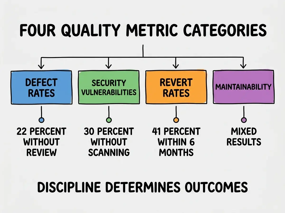 EXPLAINER DIAGRAM titled FOUR QUALITY METRIC CATEGORIES shown as a horizontal four-column chart on a slate background. Column 1 colored blue DEFECT RATES label 22 PERCENT WITHOUT REVIEW. Column 2 colored green SECURITY VULNERABILITIES label 30 PERCENT WITHOUT SCANNING. Column 3 colored orange REVERT RATES label 41 PERCENT WITHIN 6 MONTHS. Column 4 colored purple MAINTAINABILITY label MIXED RESULTS. Footer reads DISCIPLINE DETERMINES OUTCOMES.