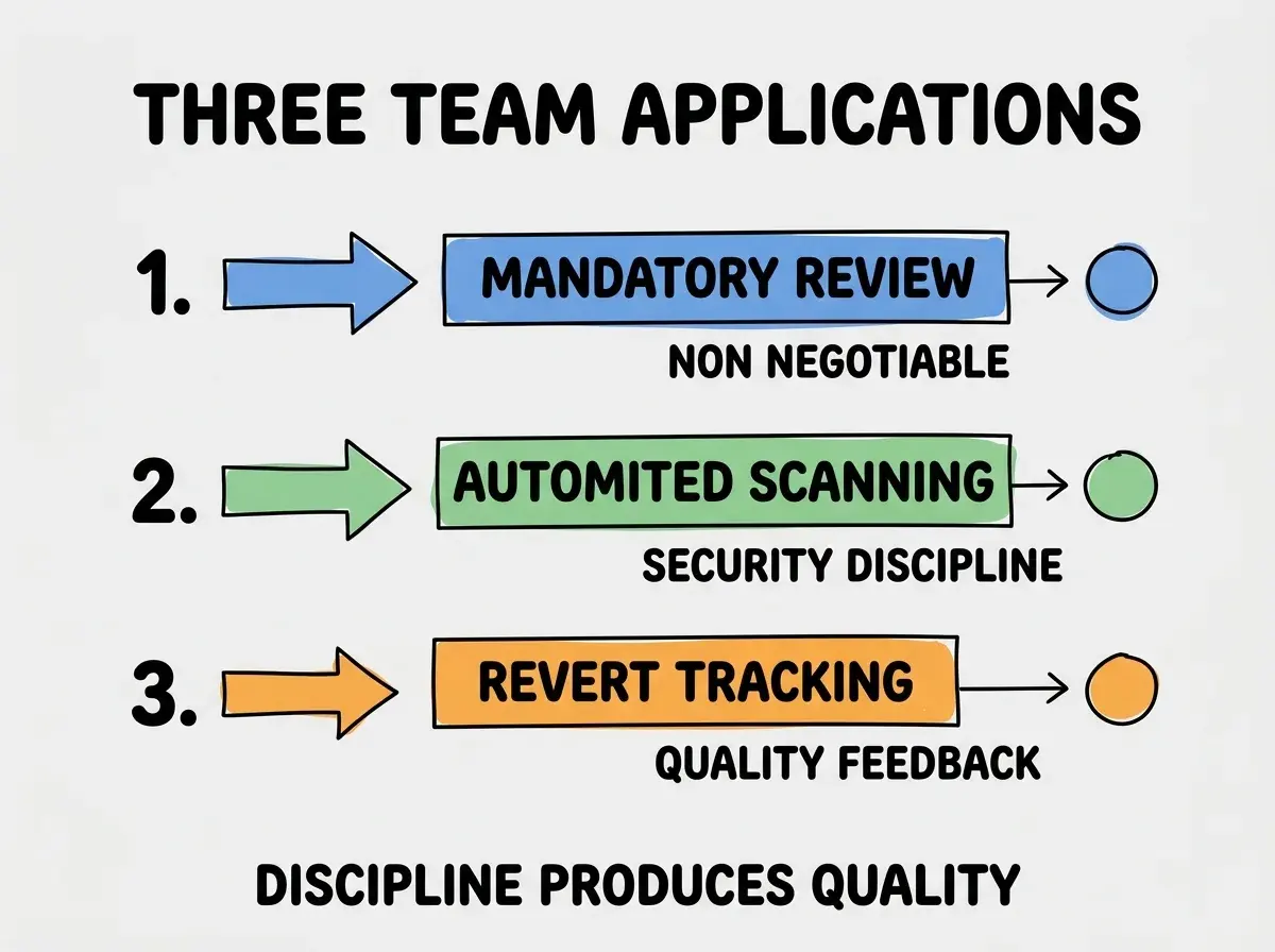 EXPLAINER DIAGRAM titled THREE TEAM APPLICATIONS shown as a vertical numbered list on a slate background. Three rows. Row 1 blue badge MANDATORY REVIEW sublabel NON NEGOTIABLE. Row 2 green badge AUTOMATED SCANNING sublabel SECURITY DISCIPLINE. Row 3 orange badge REVERT TRACKING sublabel QUALITY FEEDBACK. Footer reads DISCIPLINE PRODUCES QUALITY. CRITICAL: each label appears only ONCE.