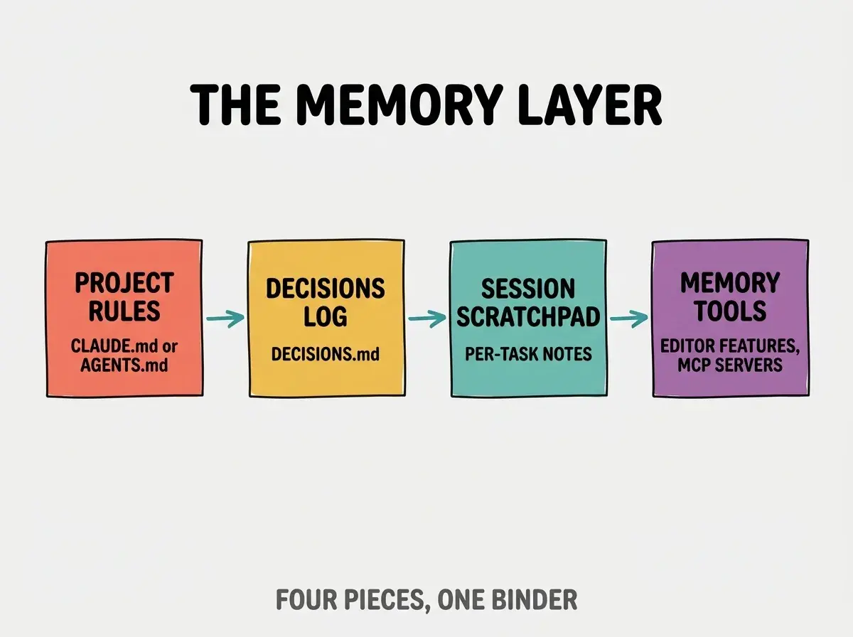 Flow diagram on light gray background. Top center bold black title: THE MEMORY LAYER. Below the title, four colored boxes arranged in a horizontal row connected by teal arrows. Box 1 in coral red labeled PROJECT RULES, subtitle CLAUDE.md or AGENTS.md. Box 2 in golden yellow labeled DECISIONS LOG, subtitle DECISIONS.md. Box 3 in teal labeled SESSION SCRATCHPAD, subtitle PER-TASK NOTES. Box 4 in purple labeled MEMORY TOOLS, subtitle EDITOR FEATURES, MCP SERVERS. Footer in dark gray reads FOUR PIECES, ONE BINDER. Bold all caps labels throughout, generous whitespace.