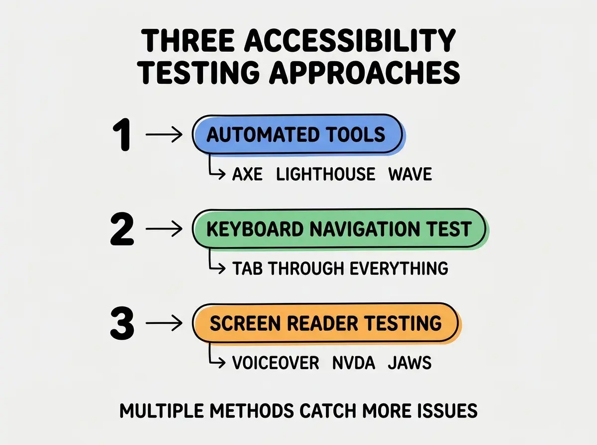 EXPLAINER DIAGRAM titled THREE ACCESSIBILITY TESTING APPROACHES shown as a vertical numbered list on a slate background. Three rows. Row 1 blue badge AUTOMATED TOOLS sublabel AXE LIGHTHOUSE WAVE. Row 2 green badge KEYBOARD NAVIGATION TEST sublabel TAB THROUGH EVERYTHING. Row 3 orange badge SCREEN READER TESTING sublabel VOICEOVER NVDA JAWS. Footer reads MULTIPLE METHODS CATCH MORE ISSUES.